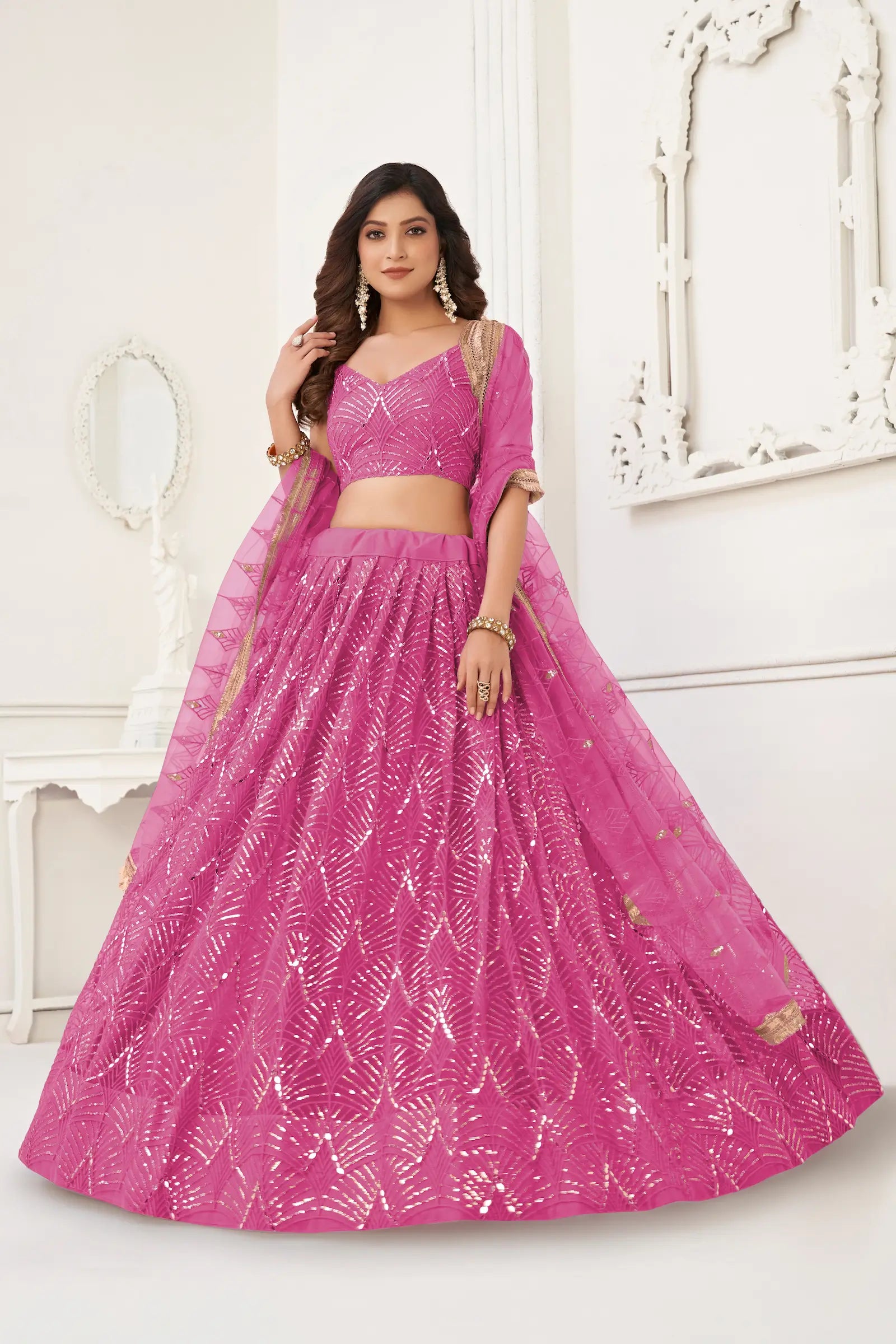 Pink Net Lehenga Choli Thread Work, Mirror Work & Sequence Embroidery Work - qivii