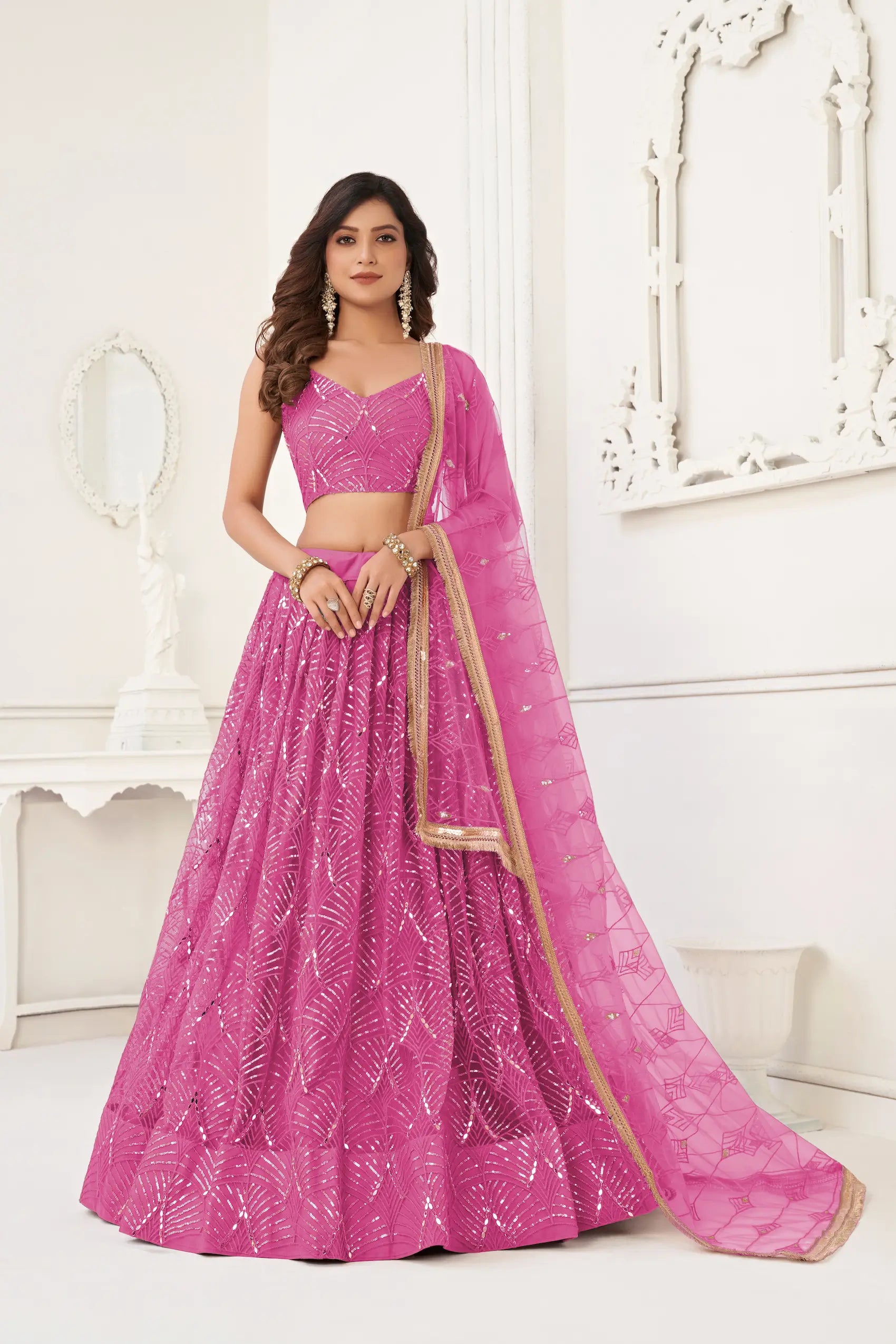Pink Net Lehenga Choli Thread Work, Mirror Work & Sequence Embroidery Work - qivii