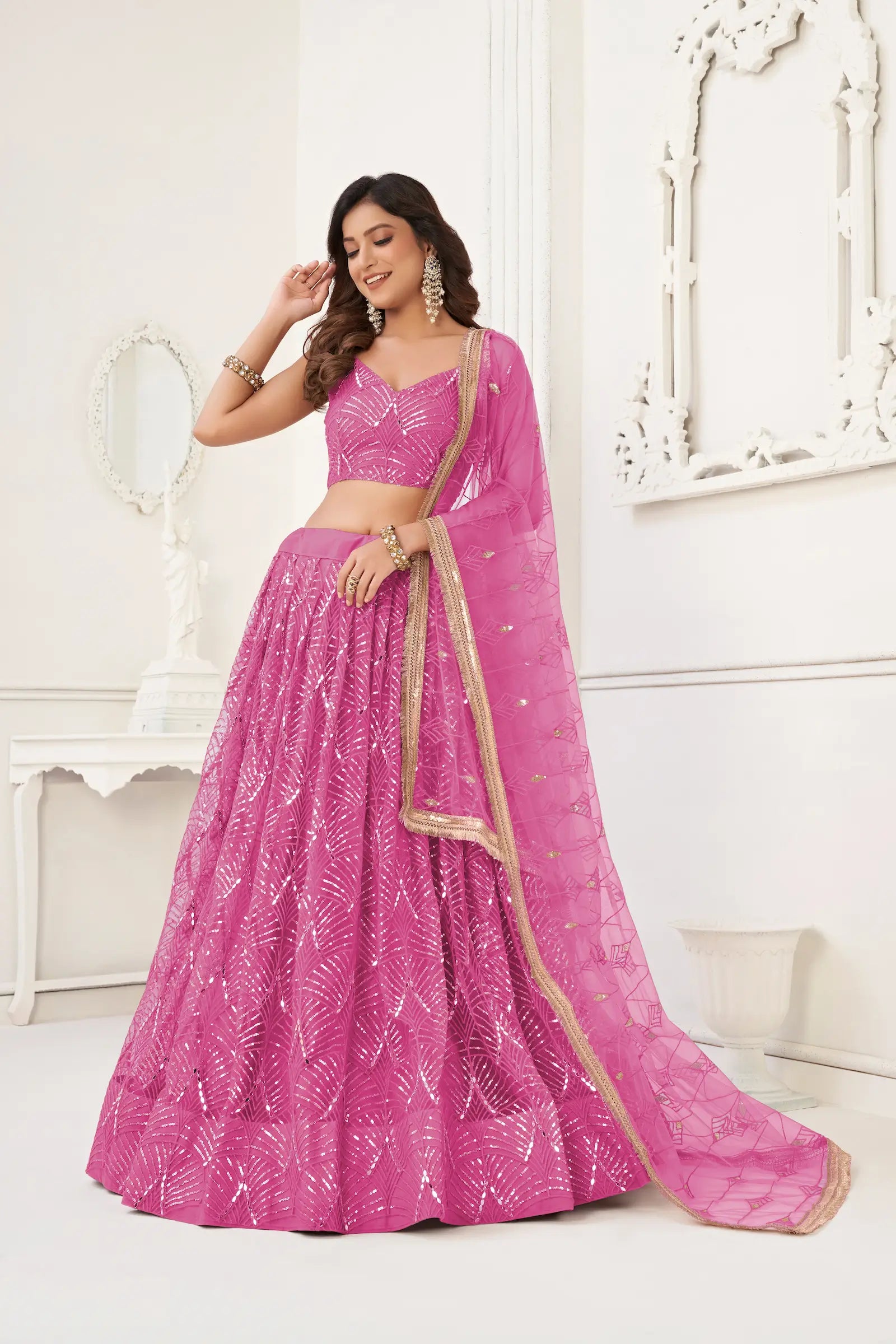 Pink Net Lehenga Choli Thread Work, Mirror Work & Sequence Embroidery Work - qivii
