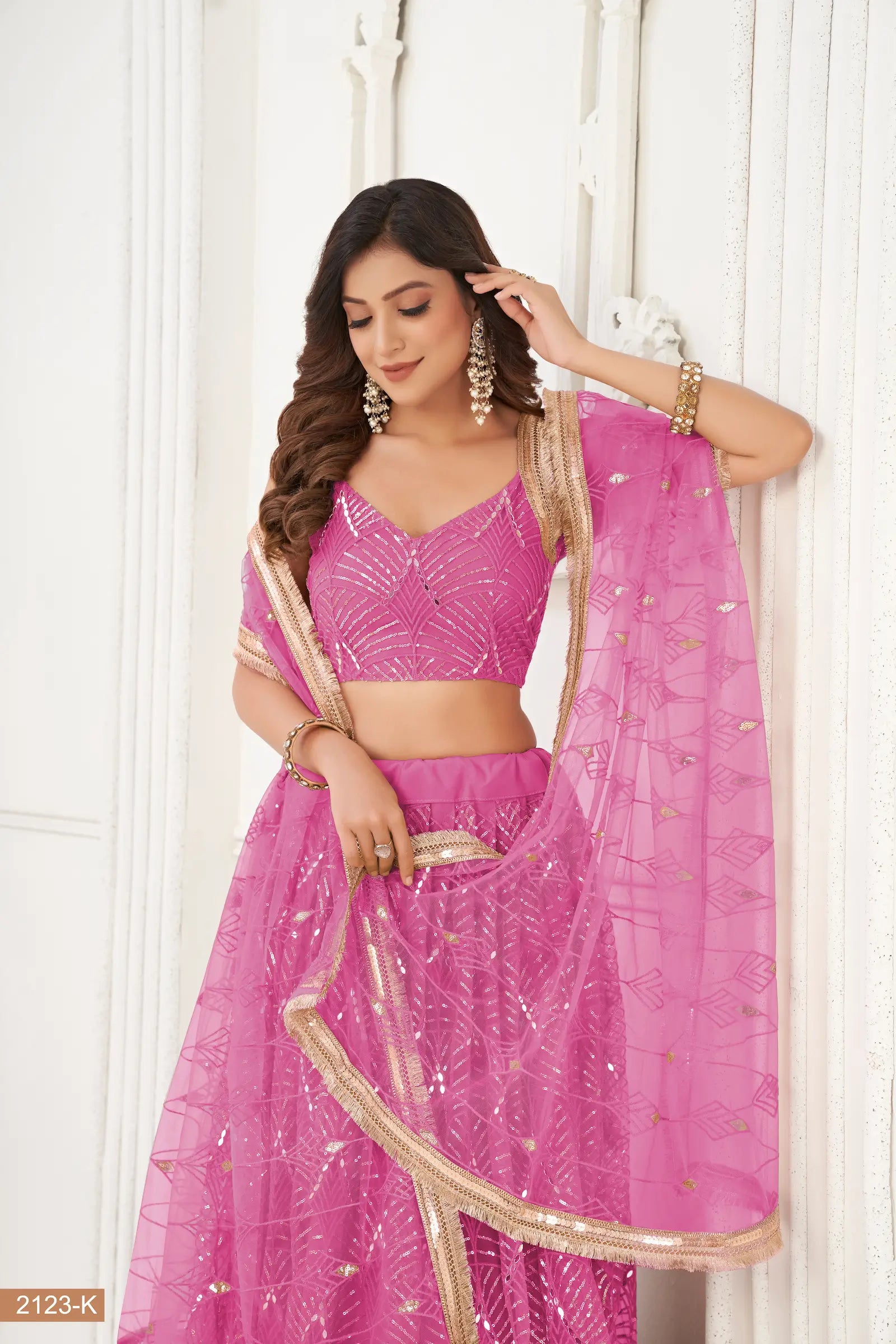 Pink Net Lehenga Choli Thread Work, Mirror Work & Sequence Embroidery Work - qivii