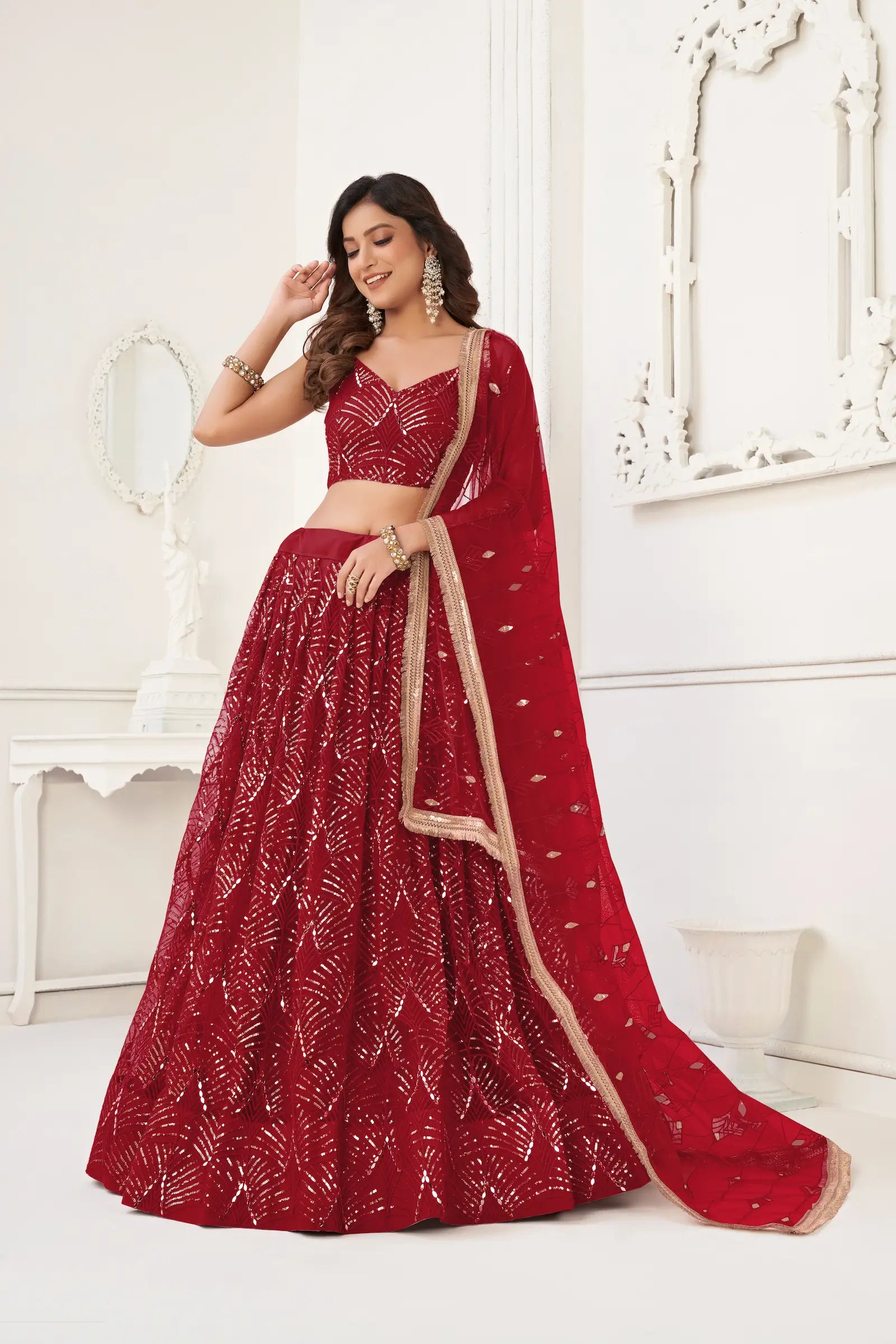 Maroon Net Lehenga Choli Thread Work, Mirror Work & Sequence Embroidery Work - qivii