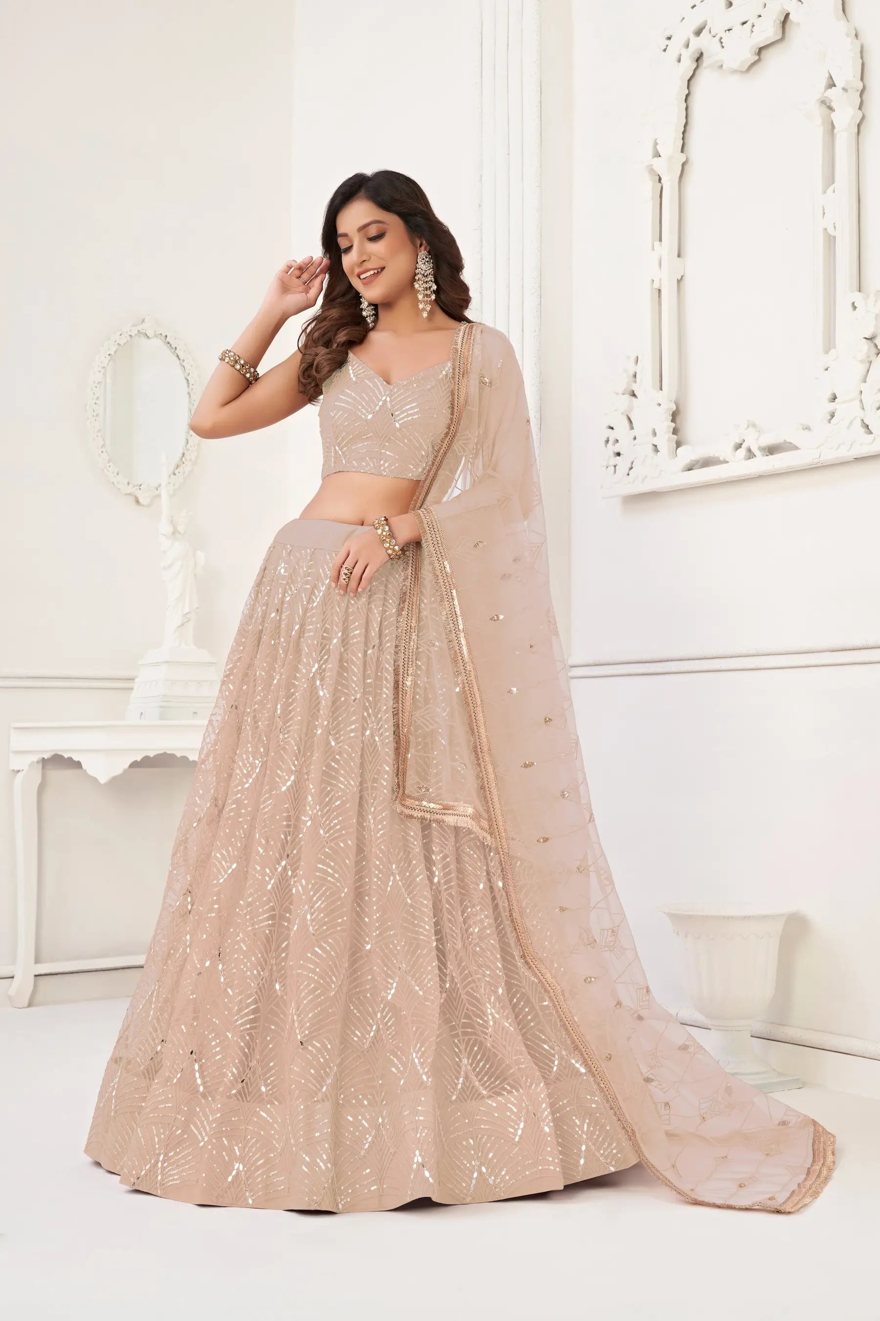 Soft Peach Net Embroidery Lehenga Choli