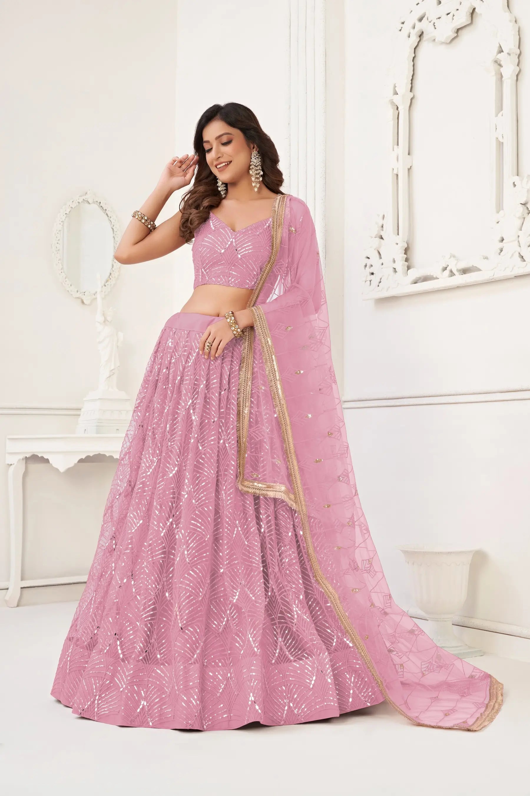 Dusty Pink Net Embroidery Lehenga Choli