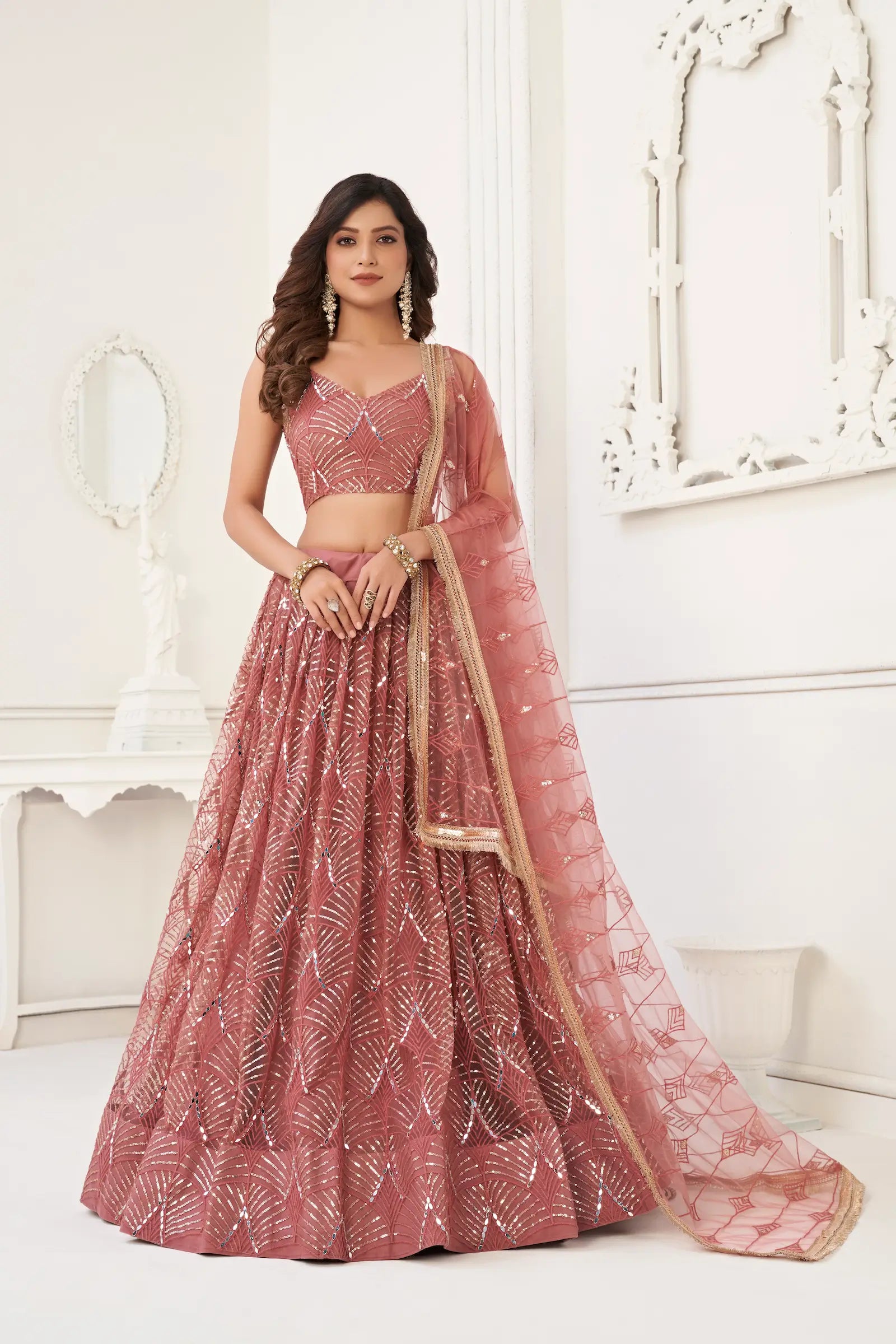 Dusty Onion Net Lehenga Choli Thread Work, Mirror Work & Sequence Embroidery Work - qivii