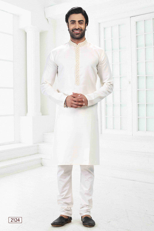 Men's Cream Linen Cotton Thread Work Collar Neck Pajama Set