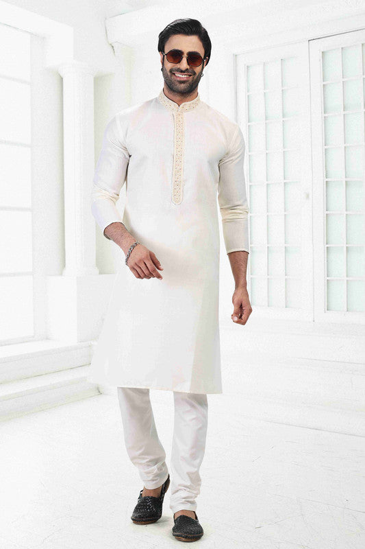 Men's Cream Linen Cotton Thread Work Collar Neck Pajama Set