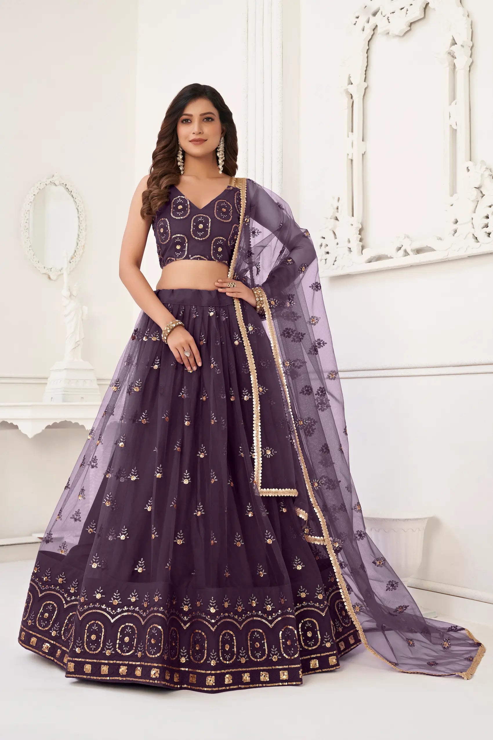 Dusty Wine Net Lehenga Choli With Thread Work & Sequence Work - qivii