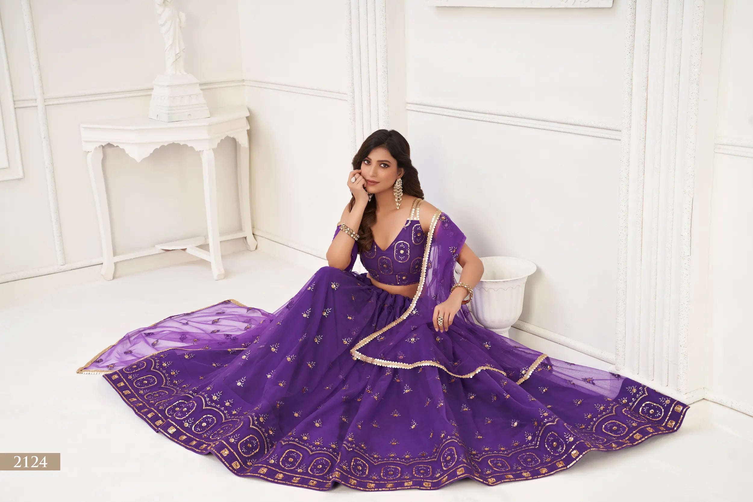 Purple Net Lehenga Choli With Thread Work & Sequence Work - qivii