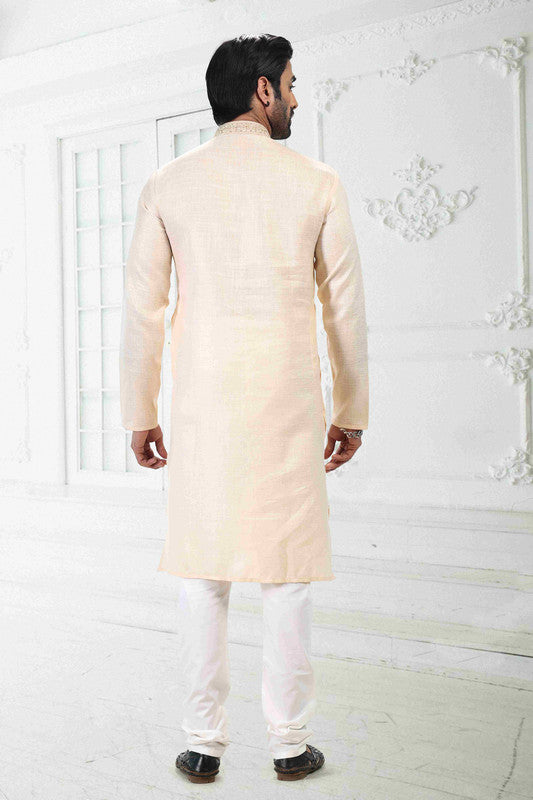 Men's Beige Linen Cotton Thread Work Collar Neck Pajama Set