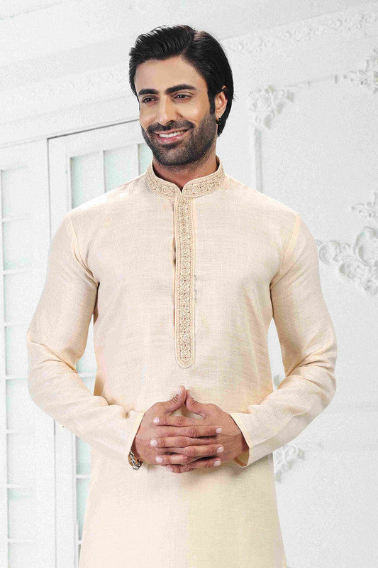 Men's Beige Linen Cotton Thread Work Collar Neck Pajama Set