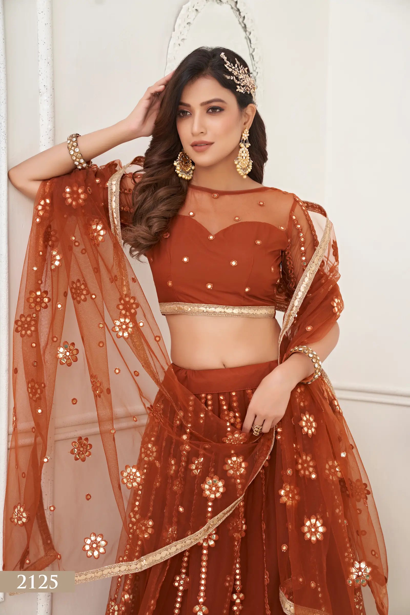Brown Net Lehenga Choli With Thread Work & Paper Mirror Work With Fancy Lace - qivii