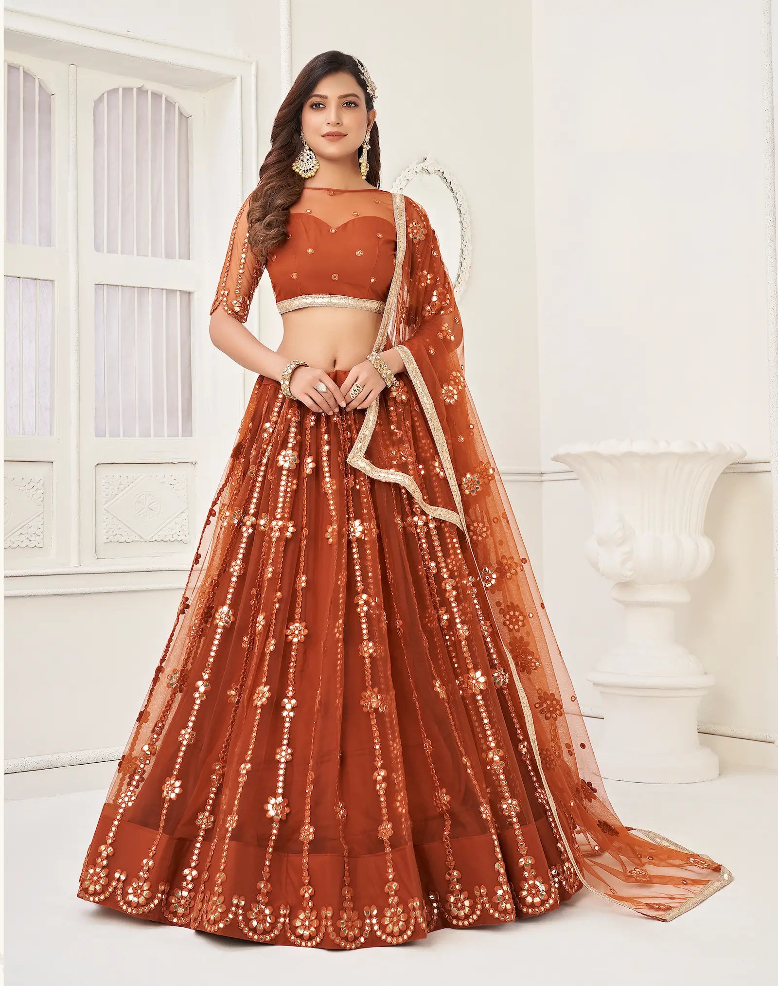 Brown Net Lehenga Choli With Thread Work & Paper Mirror Work With Fancy Lace - qivii