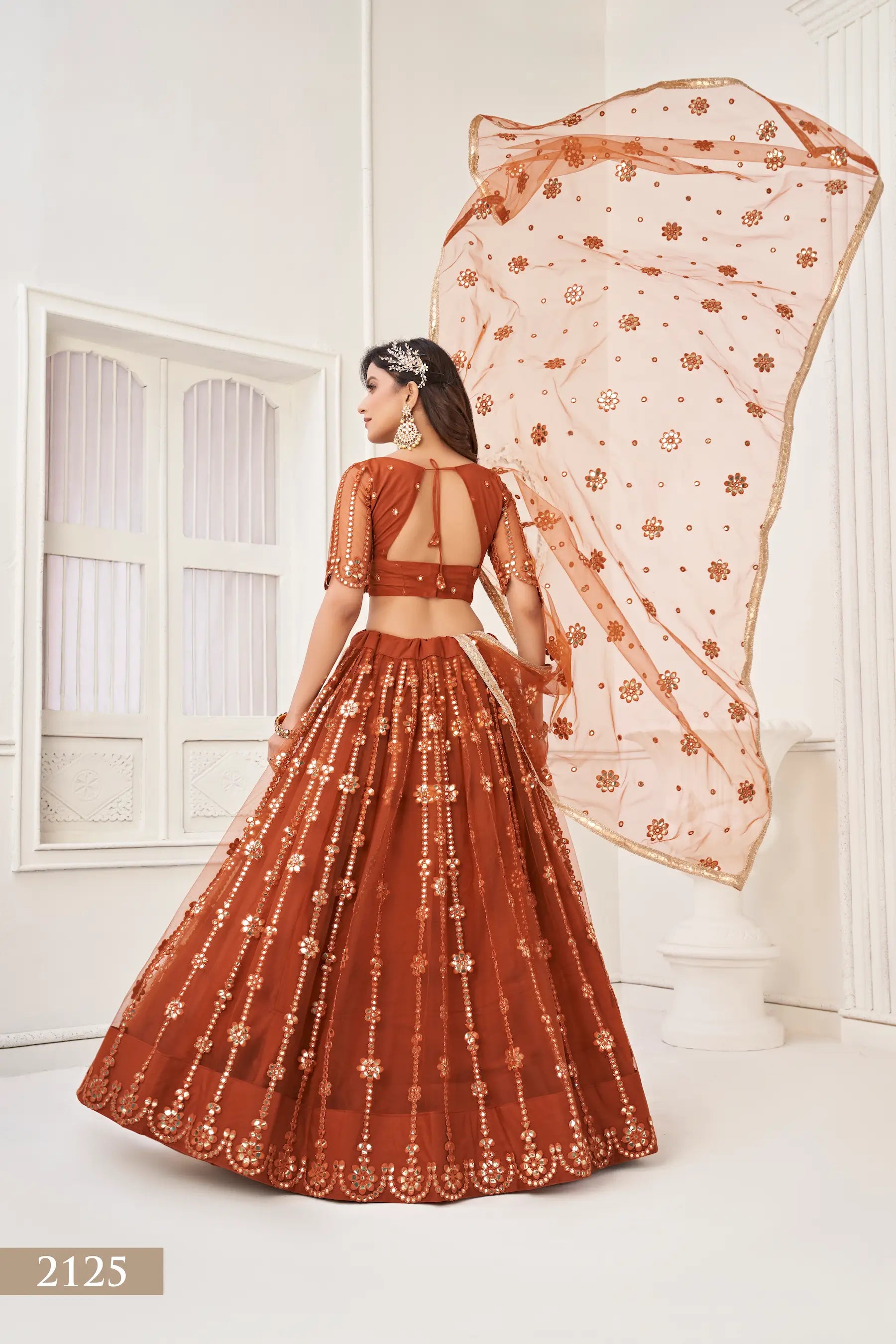 Brown Net Lehenga Choli With Thread Work & Paper Mirror Work With Fancy Lace - qivii