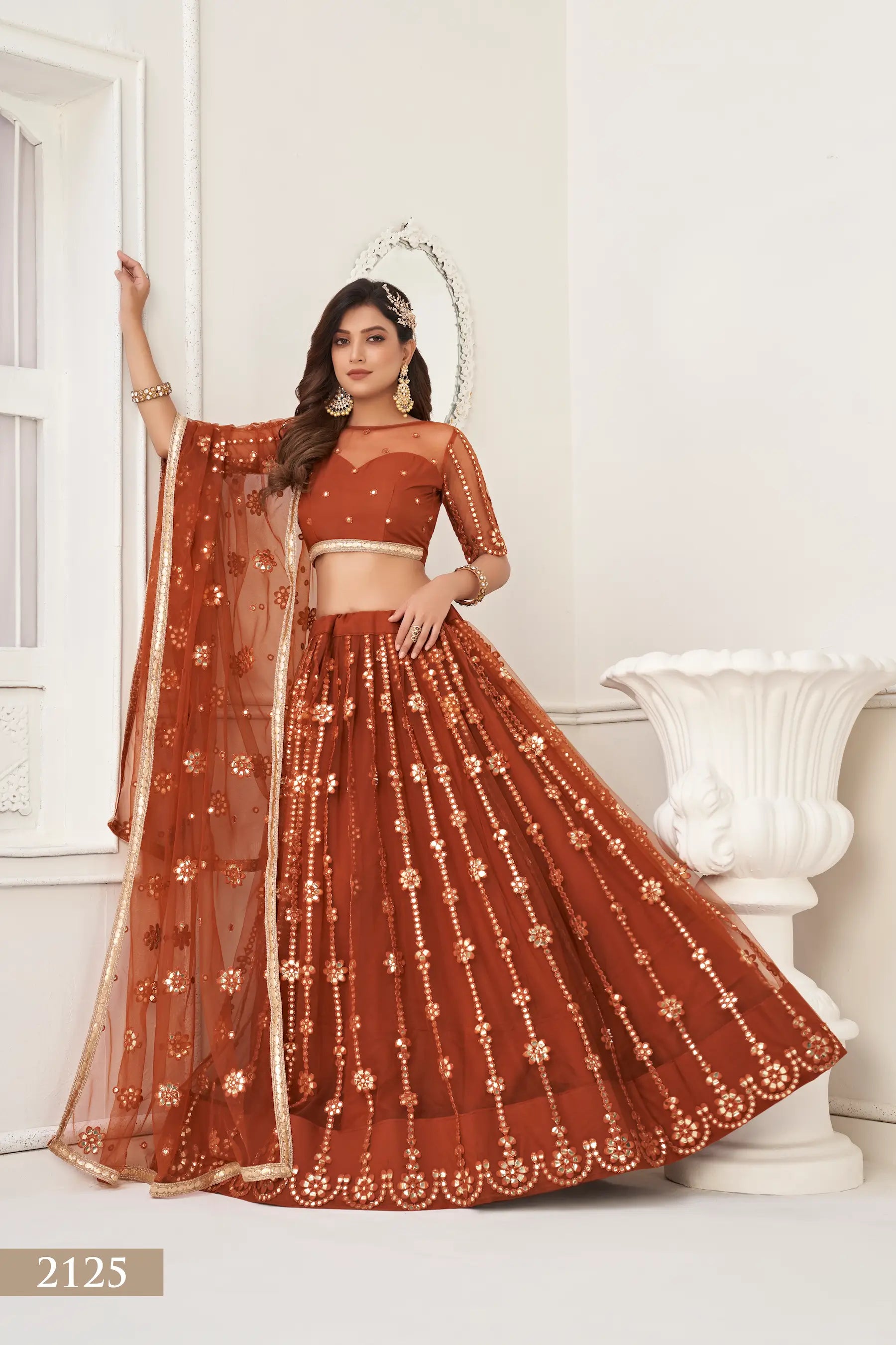 Brown Net Lehenga Choli With Thread Work & Paper Mirror Work With Fancy Lace - qivii