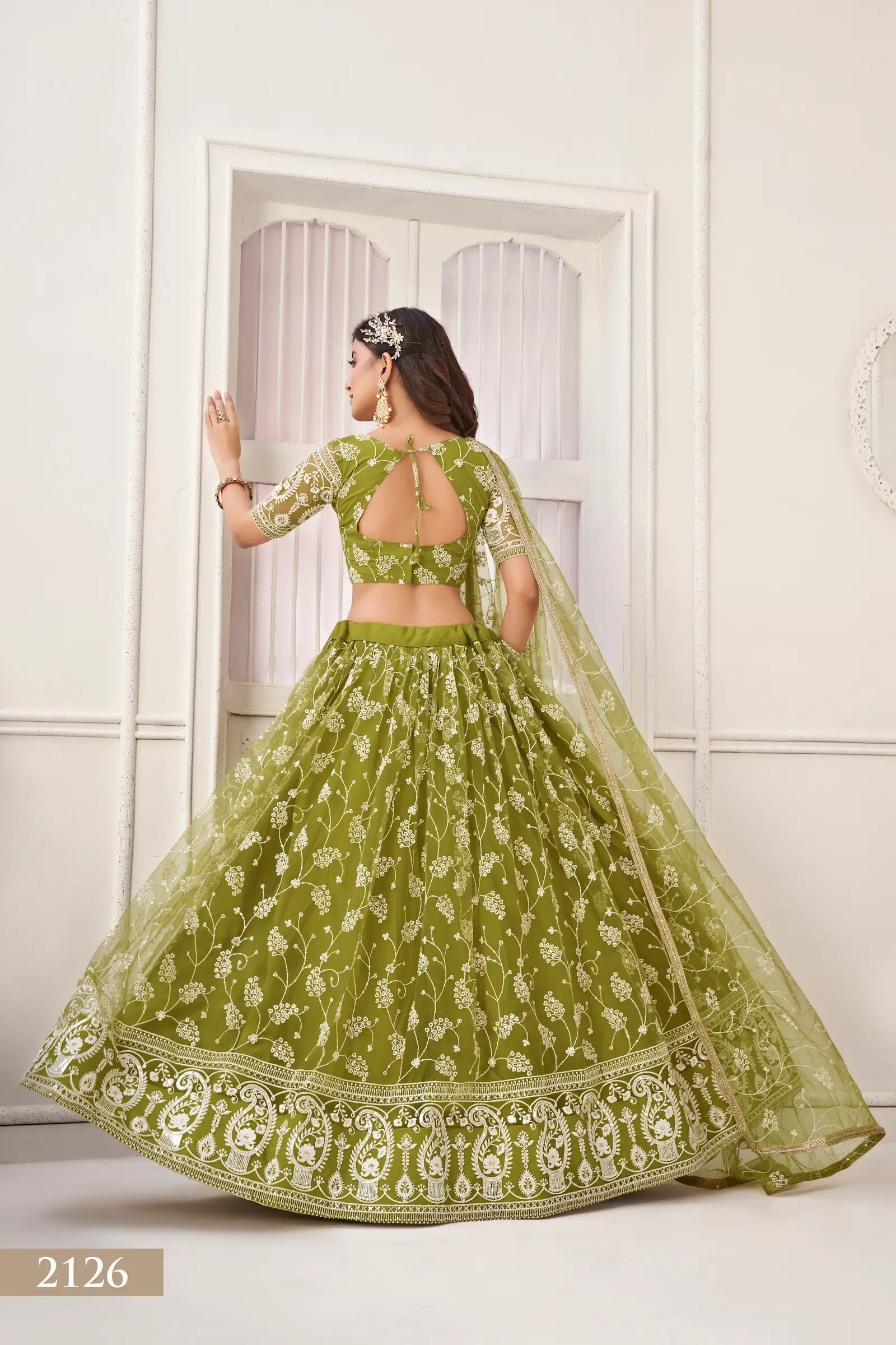 Olive Green Net Lehenga Choli With White Cotton Thread Work, Zari Work & Sequence Work - qivii