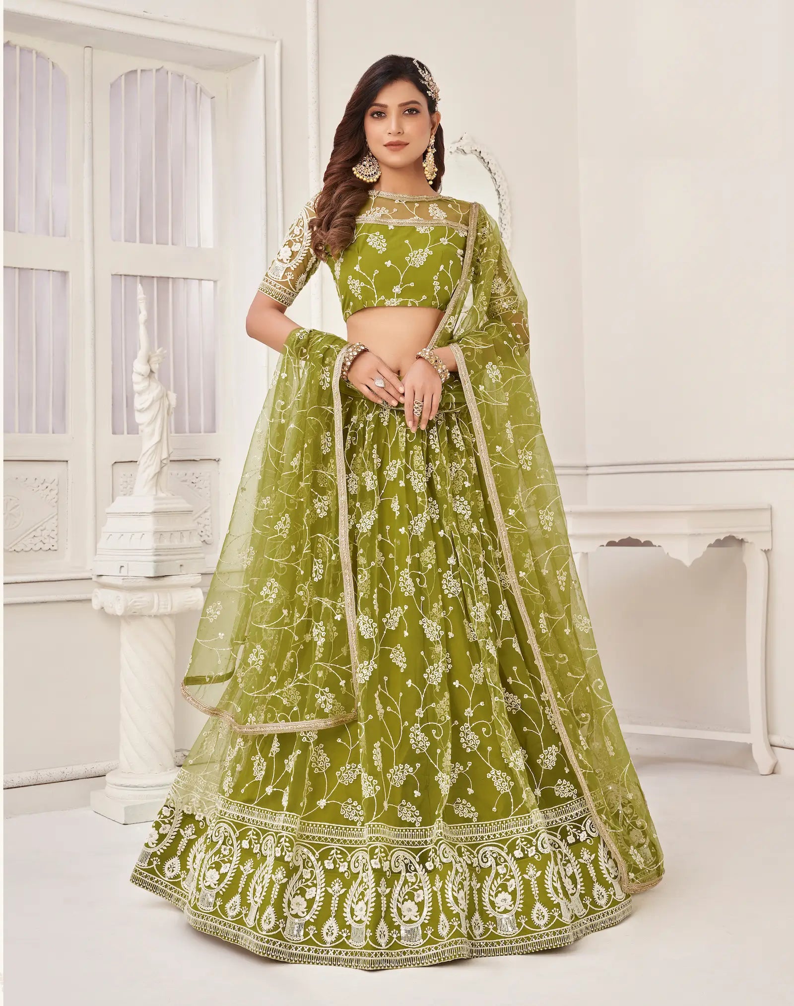 Olive Green Net Lehenga Choli With White Cotton Thread Work, Zari Work & Sequence Work - qivii