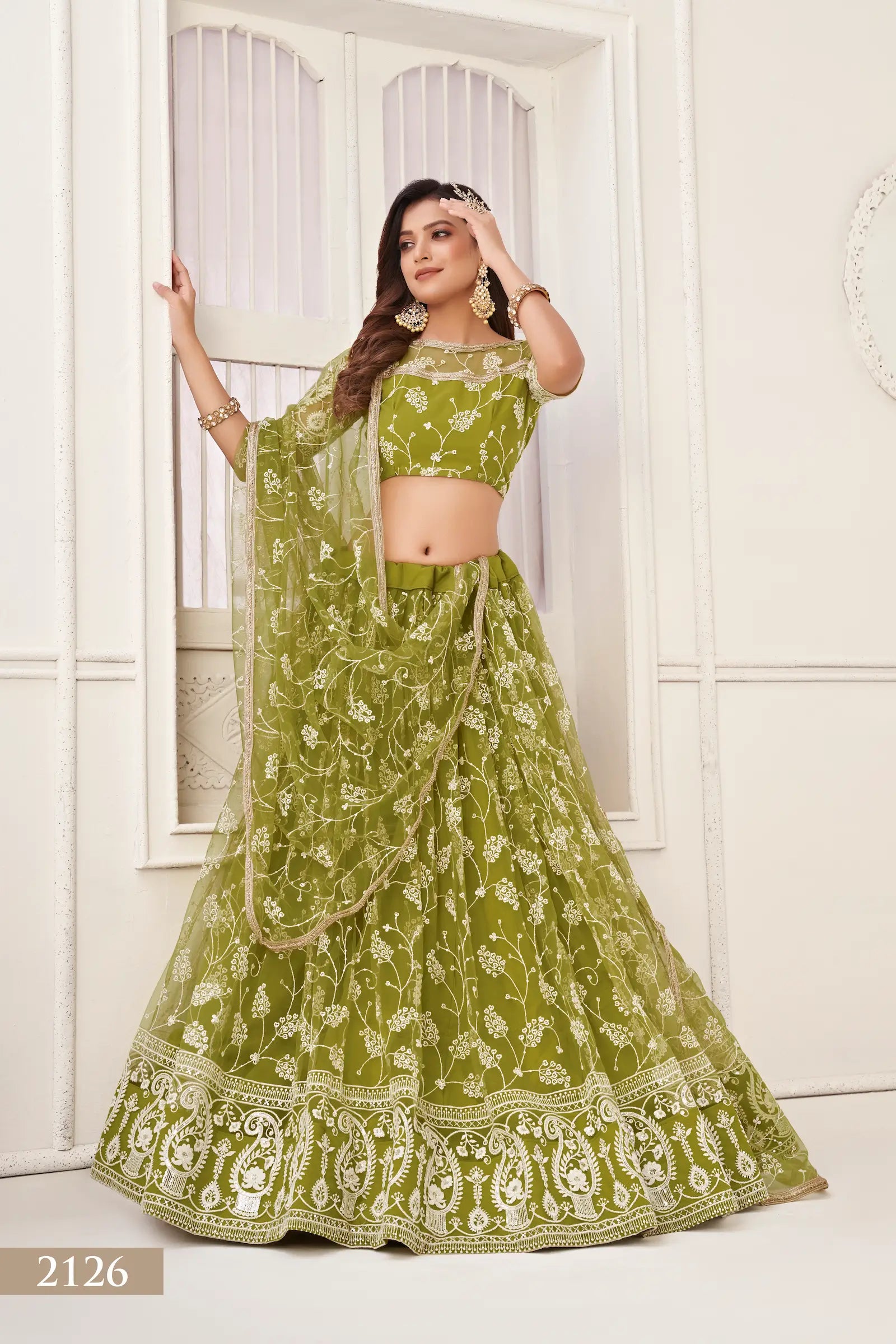 Olive Green Net Lehenga Choli With White Cotton Thread Work, Zari Work & Sequence Work - qivii