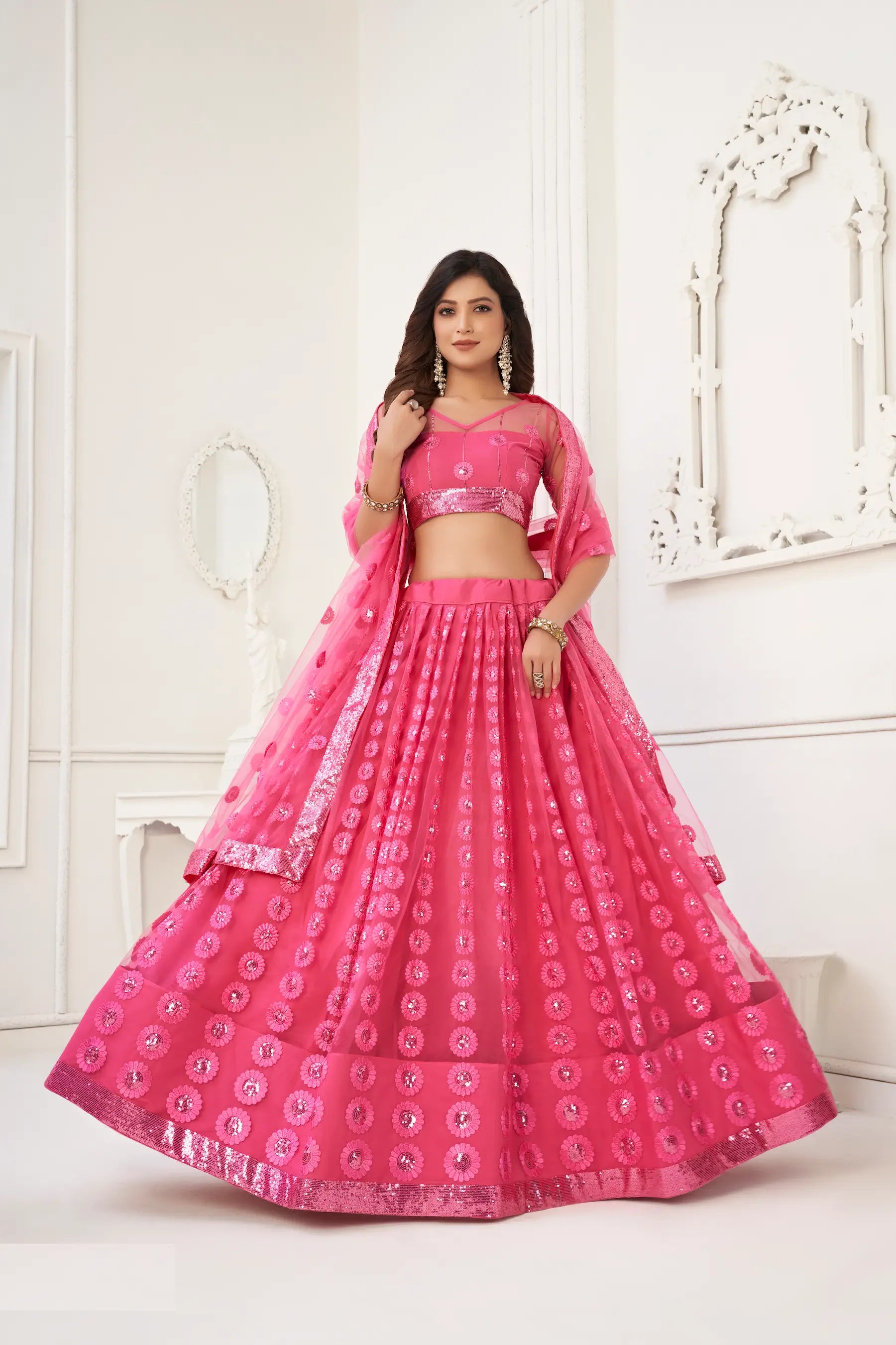 Bright Pink Net Lehenga Choli Cotton Thread Work & Sequence Embroidery Work - qivii