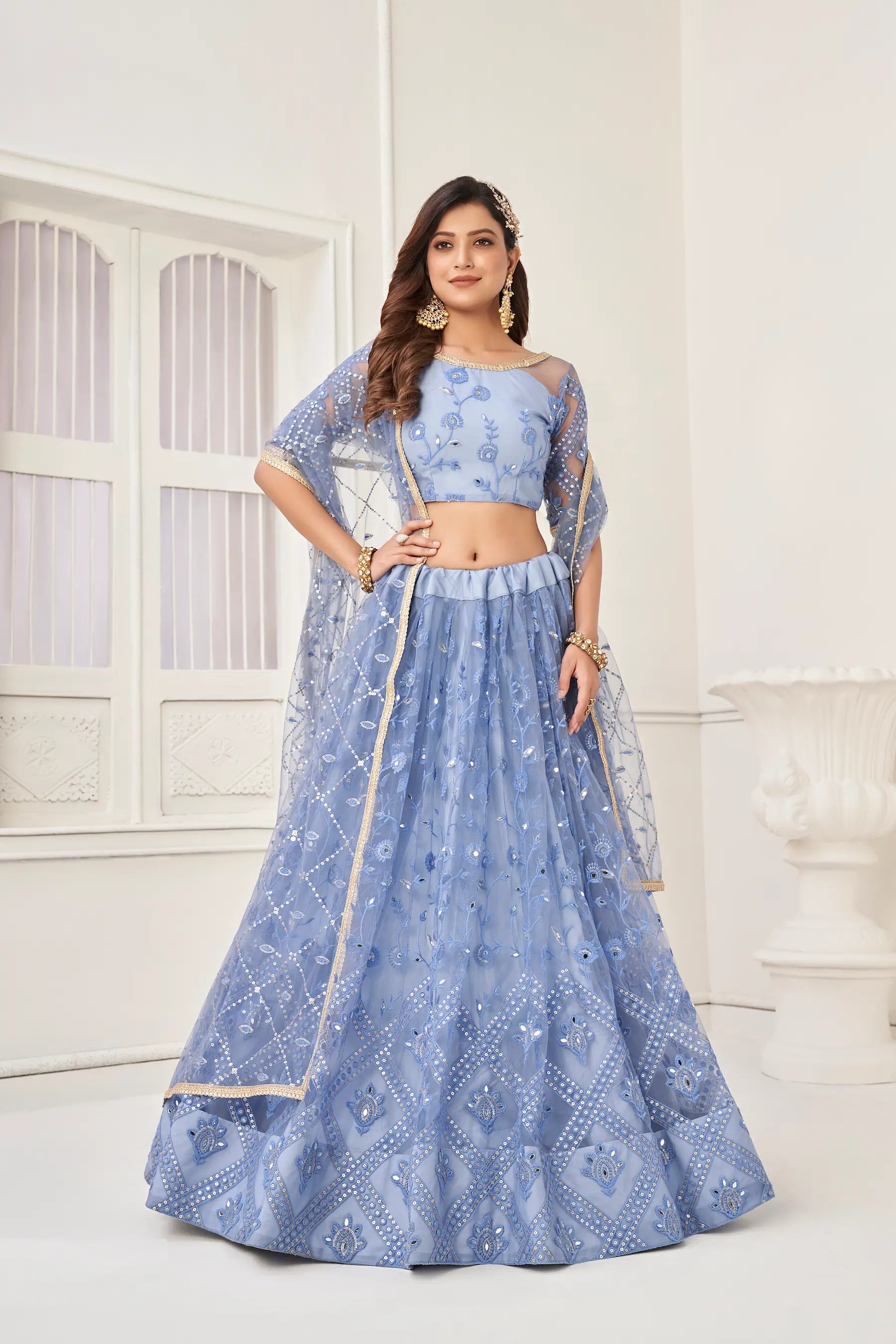Sky Blue Net Lehenga Choli Cotton Thread Work & Sequence Embroidery Work - qivii