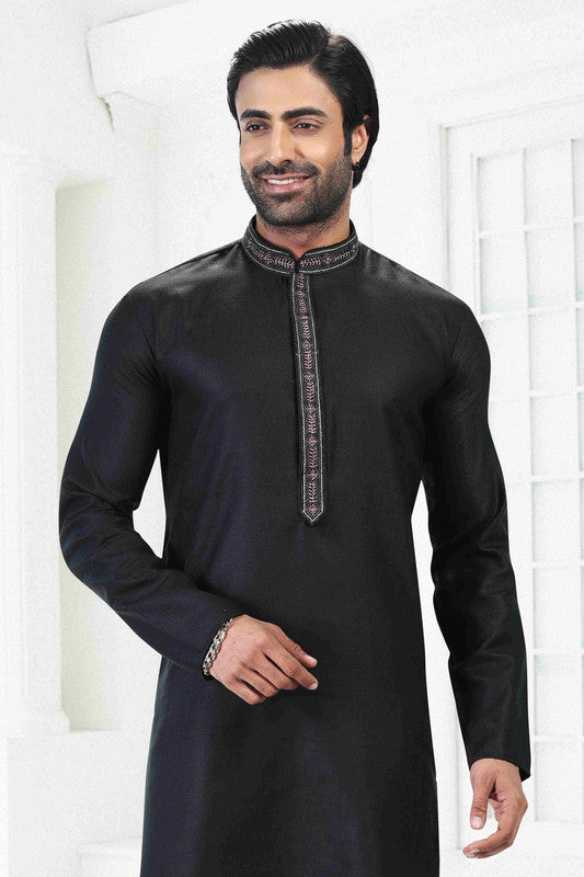 Men's Black Linen Cotton Thread Work Collar Neck Pajama Set