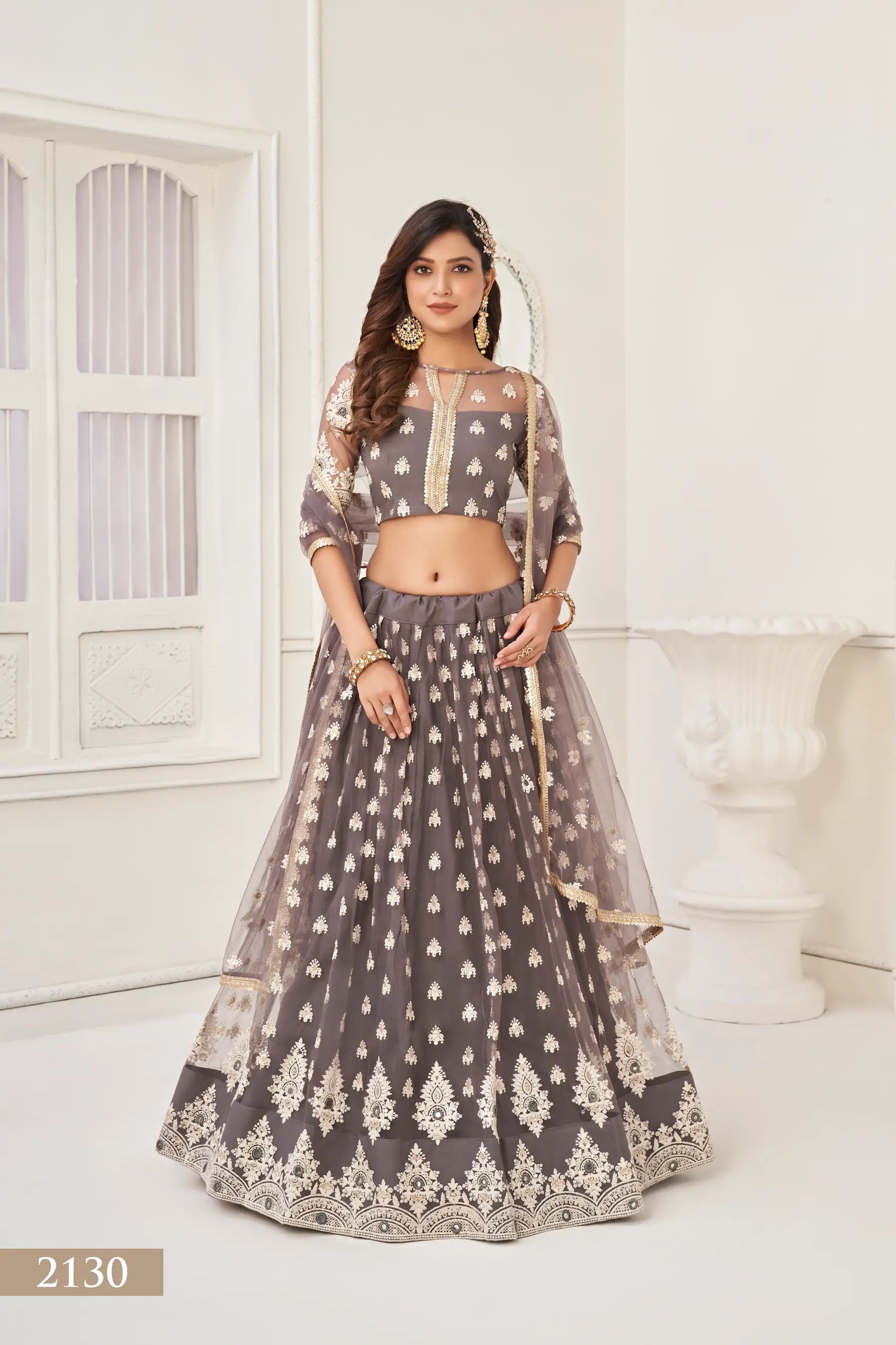 Space Grey Net Lehenga Choli Cotton Thread Work & Sequence Embroidery Work - qivii
