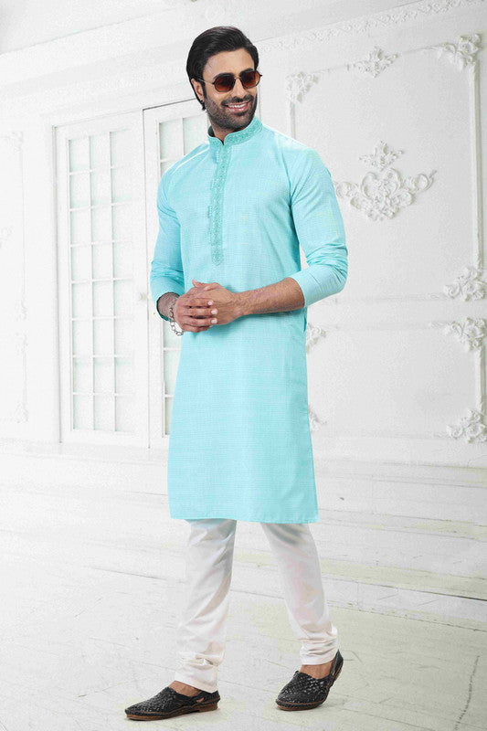 Men's Sky Blue Linen Cotton Thread Work Collar Neck Pajama Set