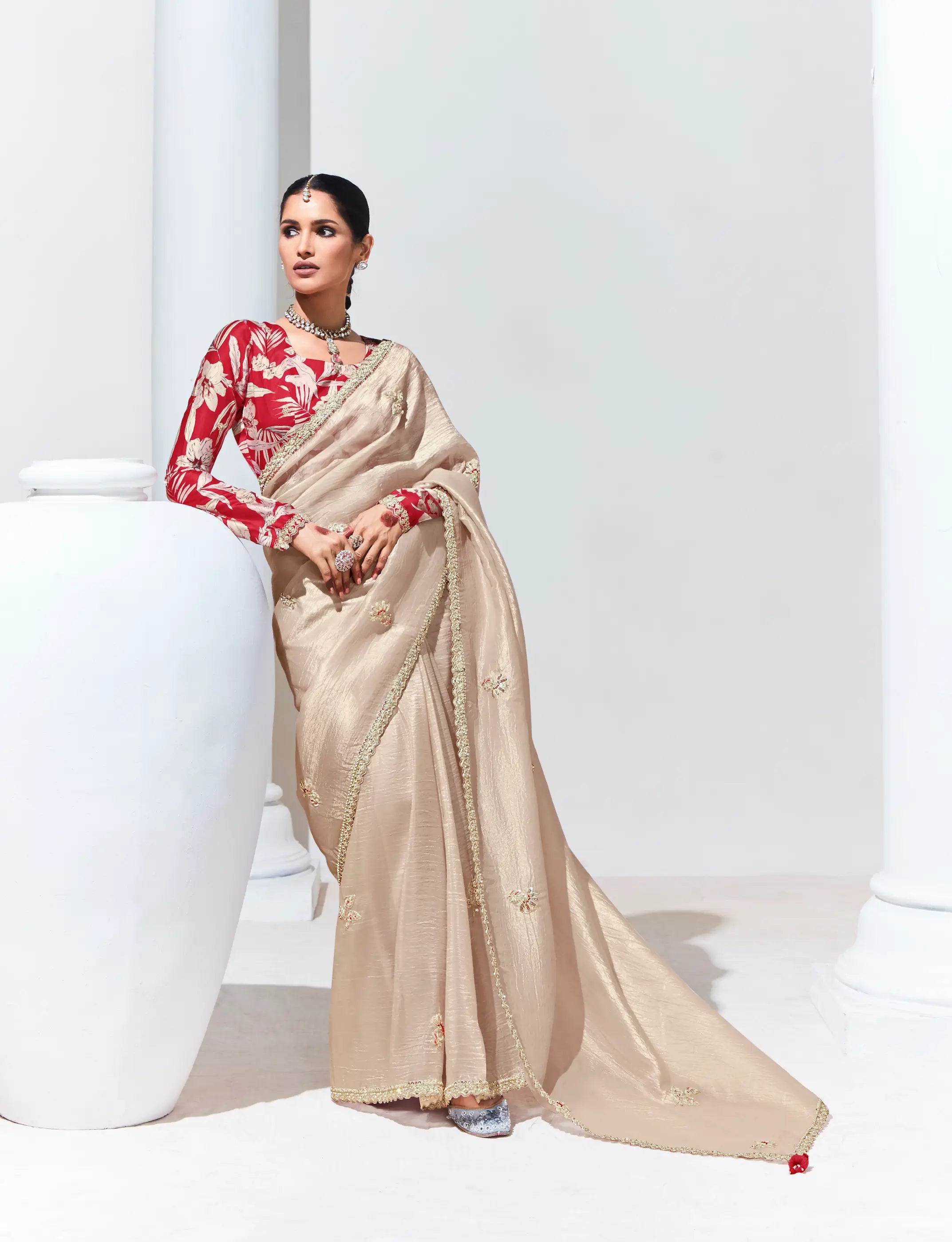Beige Glass Organza Saree With Digital Print, Sequence & Thread Embroidery Work - qivii
