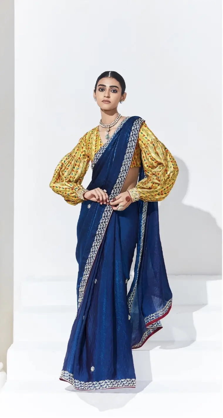 Blue Glass Organza Saree With Digital Print, Sequence & Thread Embroidery Work