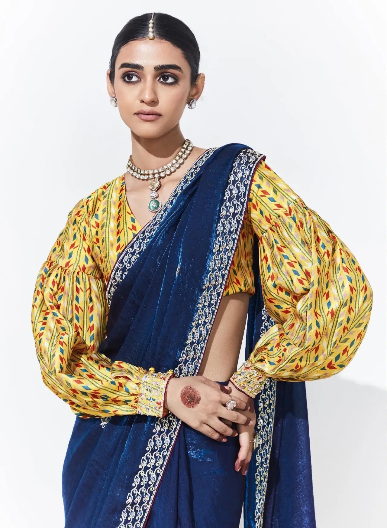 Blue Glass Organza Saree With Digital Print, Sequence & Thread Embroidery Work