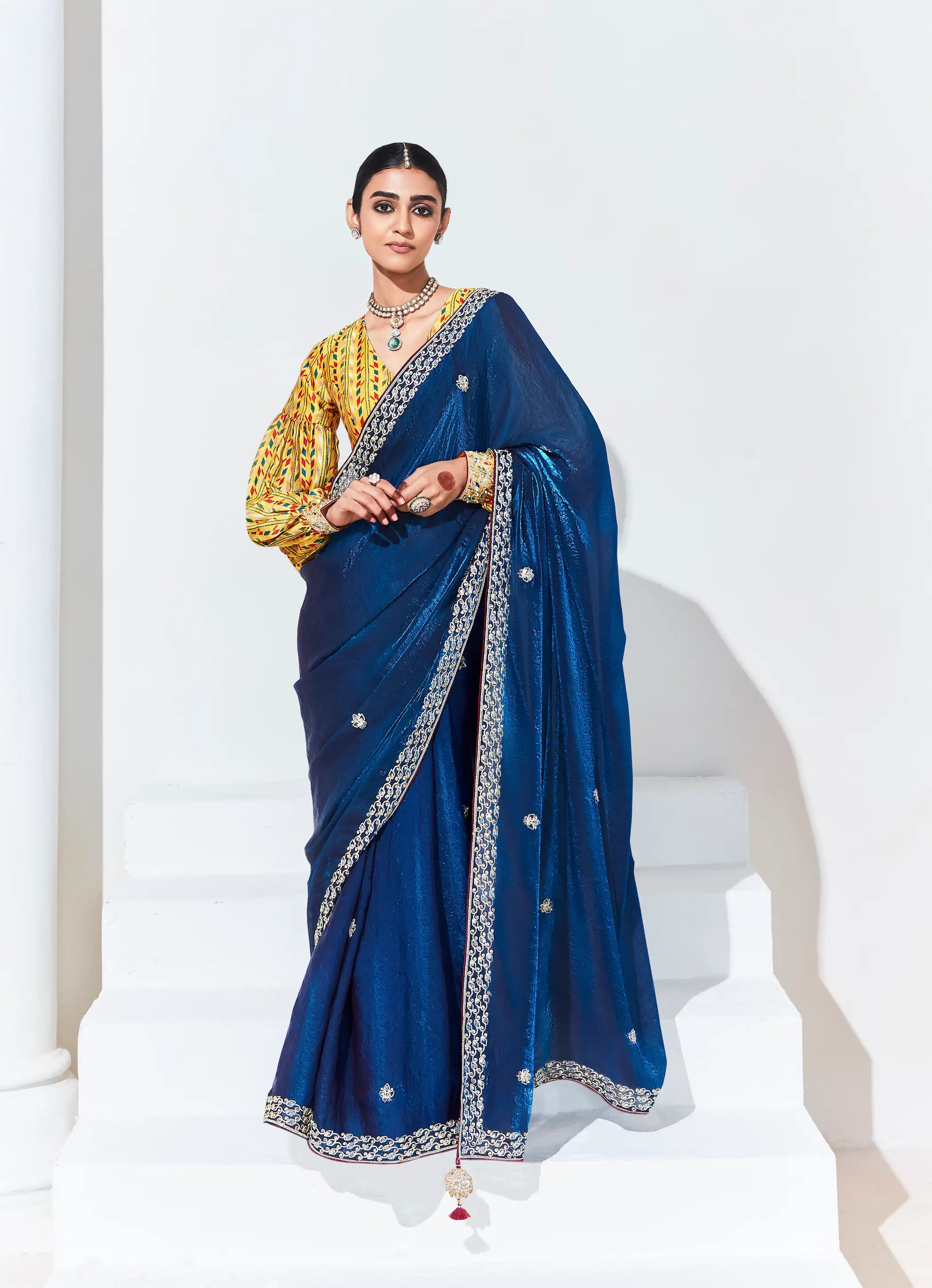 Blue Glass Organza Saree With Digital Print, Sequence & Thread Embroidery Work - qivii