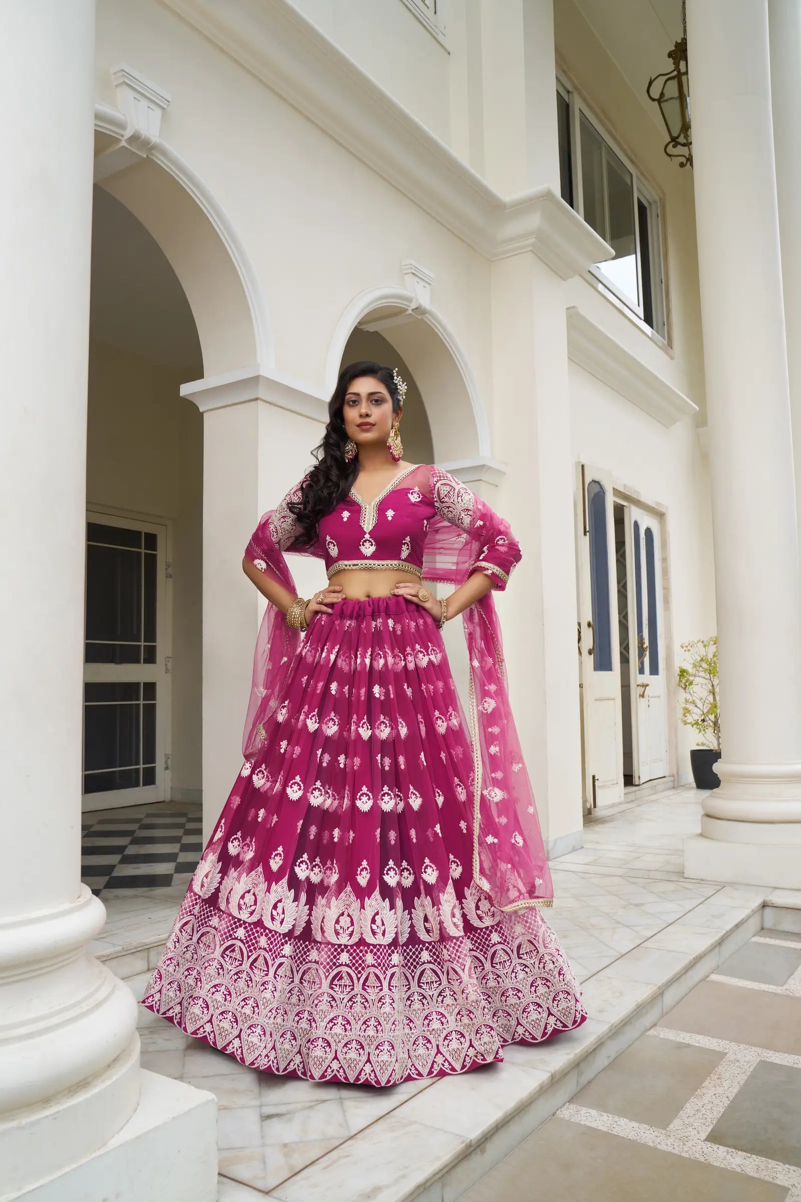 Dark Pink Net Lehenga Choli With Cotton Thread Work & Sequence Embroidery Work - qivii