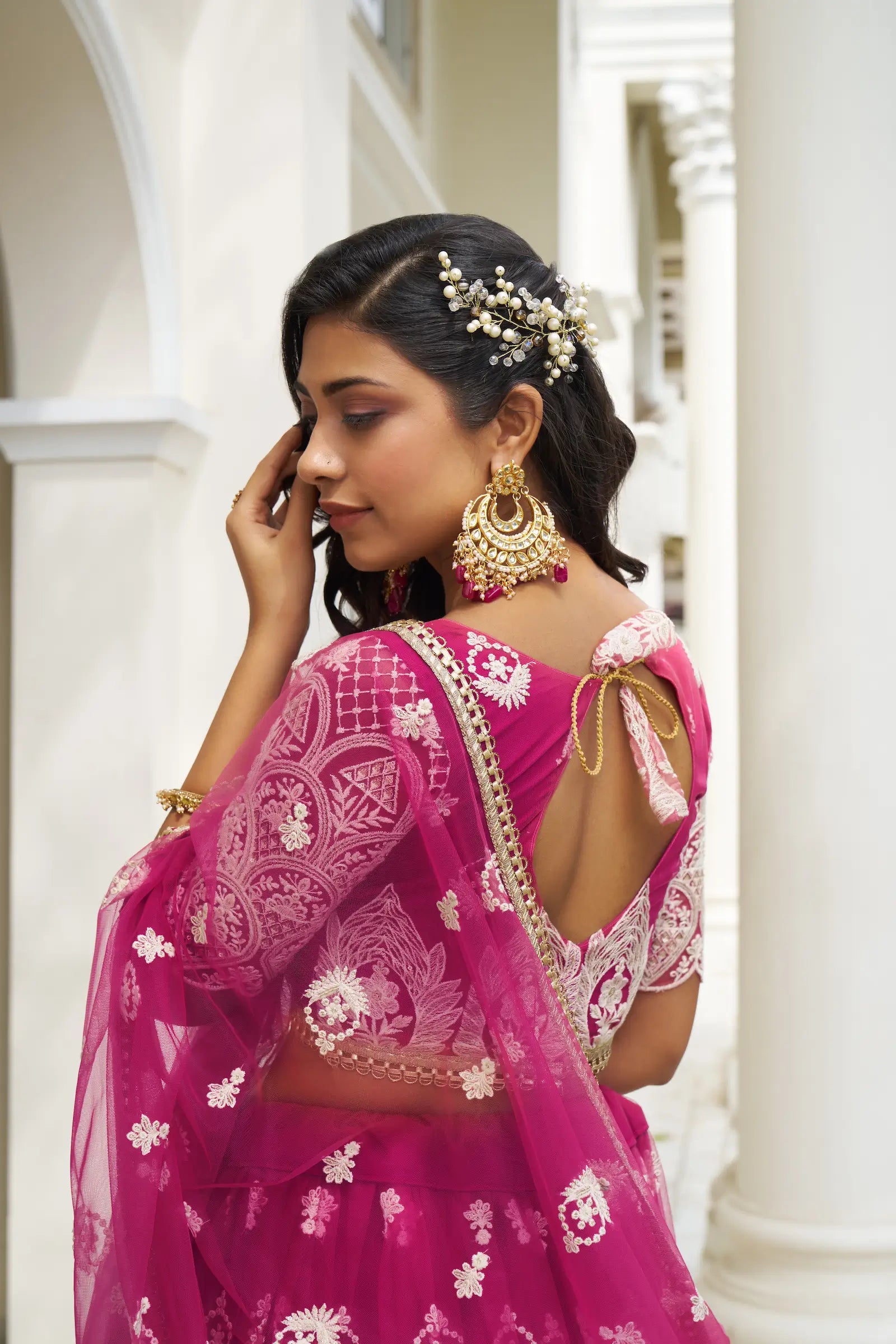 Dark Pink Net Lehenga Choli With Cotton Thread Work & Sequence Embroidery Work - qivii