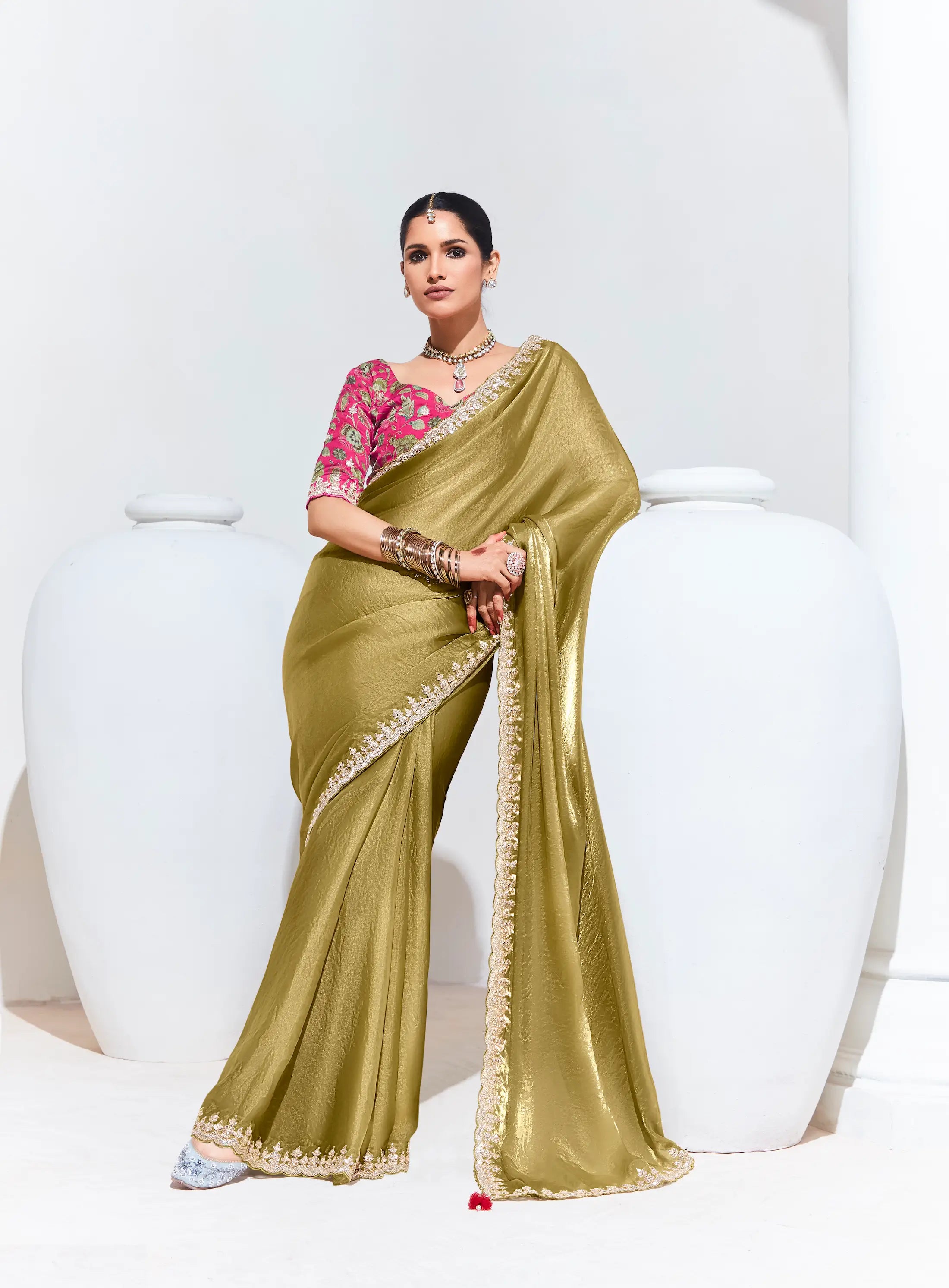 Olive Green Glass Organza Saree With Digital Print, Sequence & Thread Embroidery Work - qivii