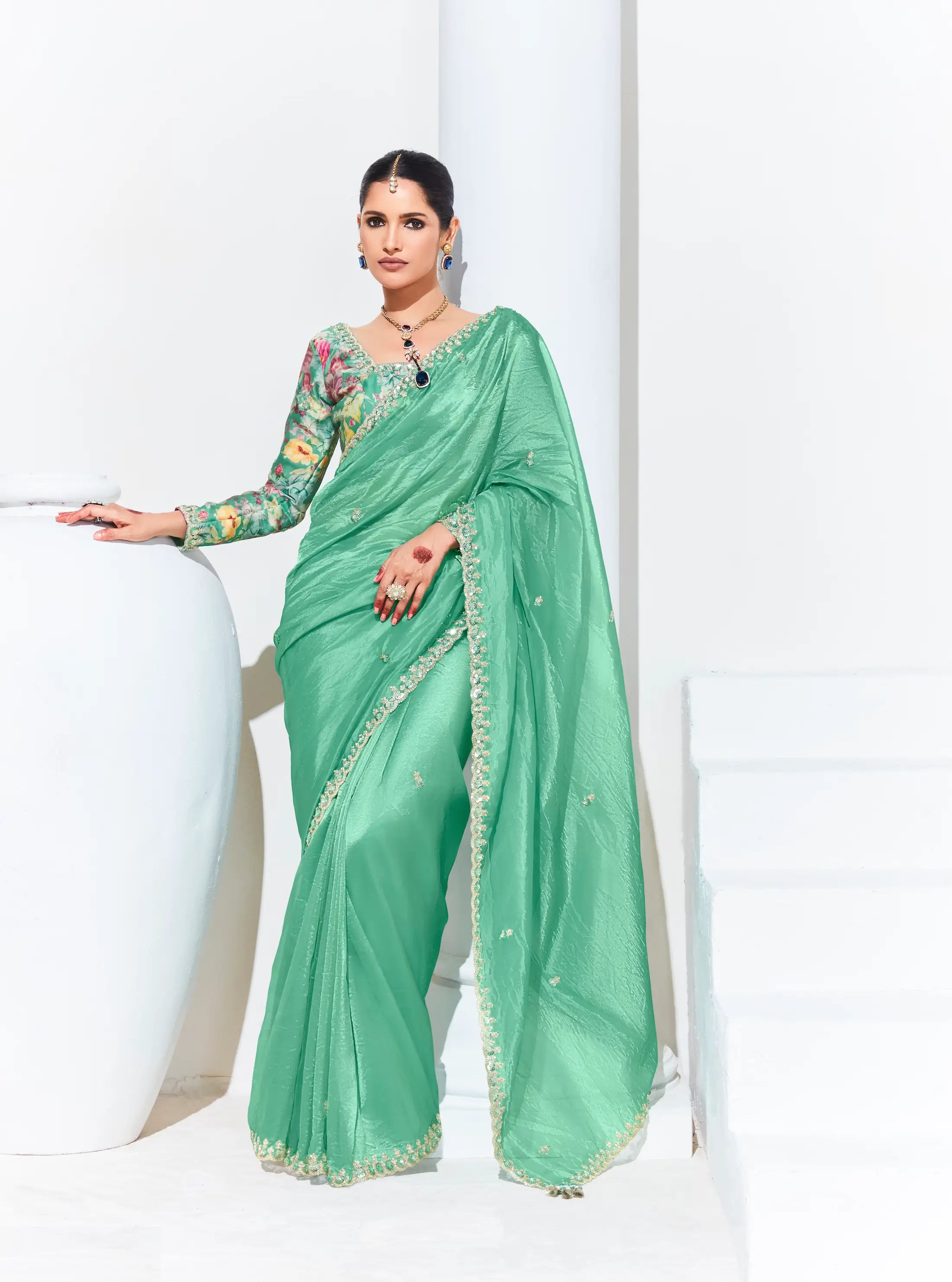 Pista Green Glass Organza Saree With Digital Print, Sequence & Thread Embroidery Work - qivii