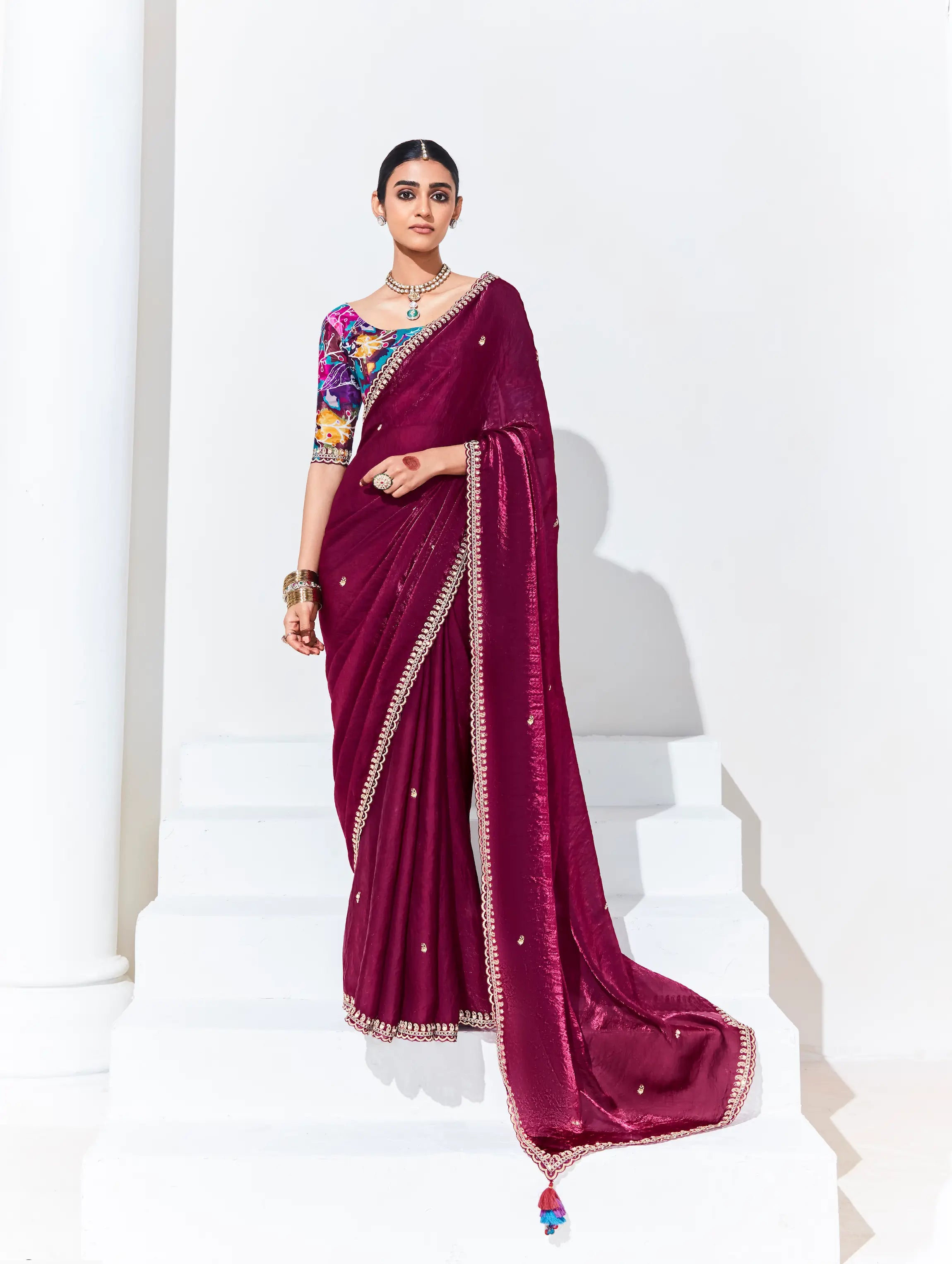 Wine Red Glass Organza Saree With Digital Print, Sequence & Thread Embroidery Work - qivii