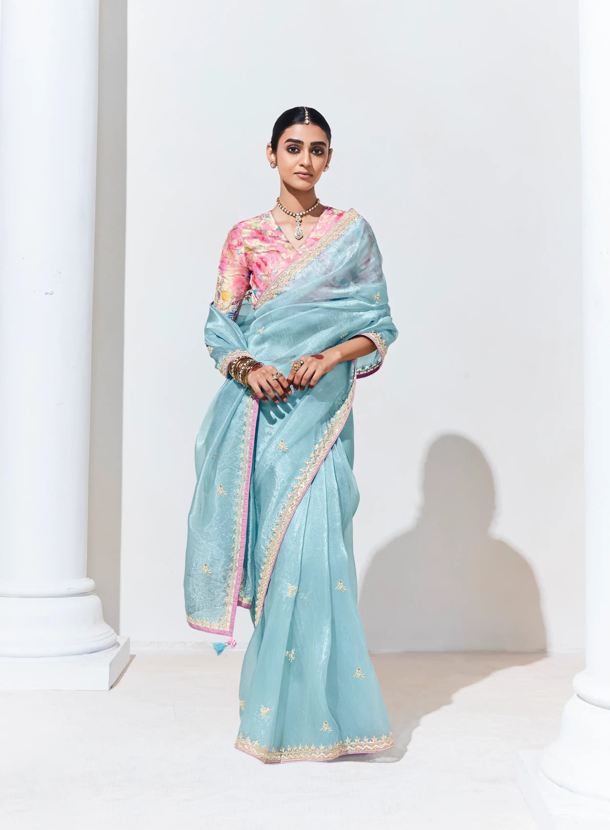 Sky Blue Glass Organza Saree With Digital Print, Sequence & Thread Embroidery Work - qivii