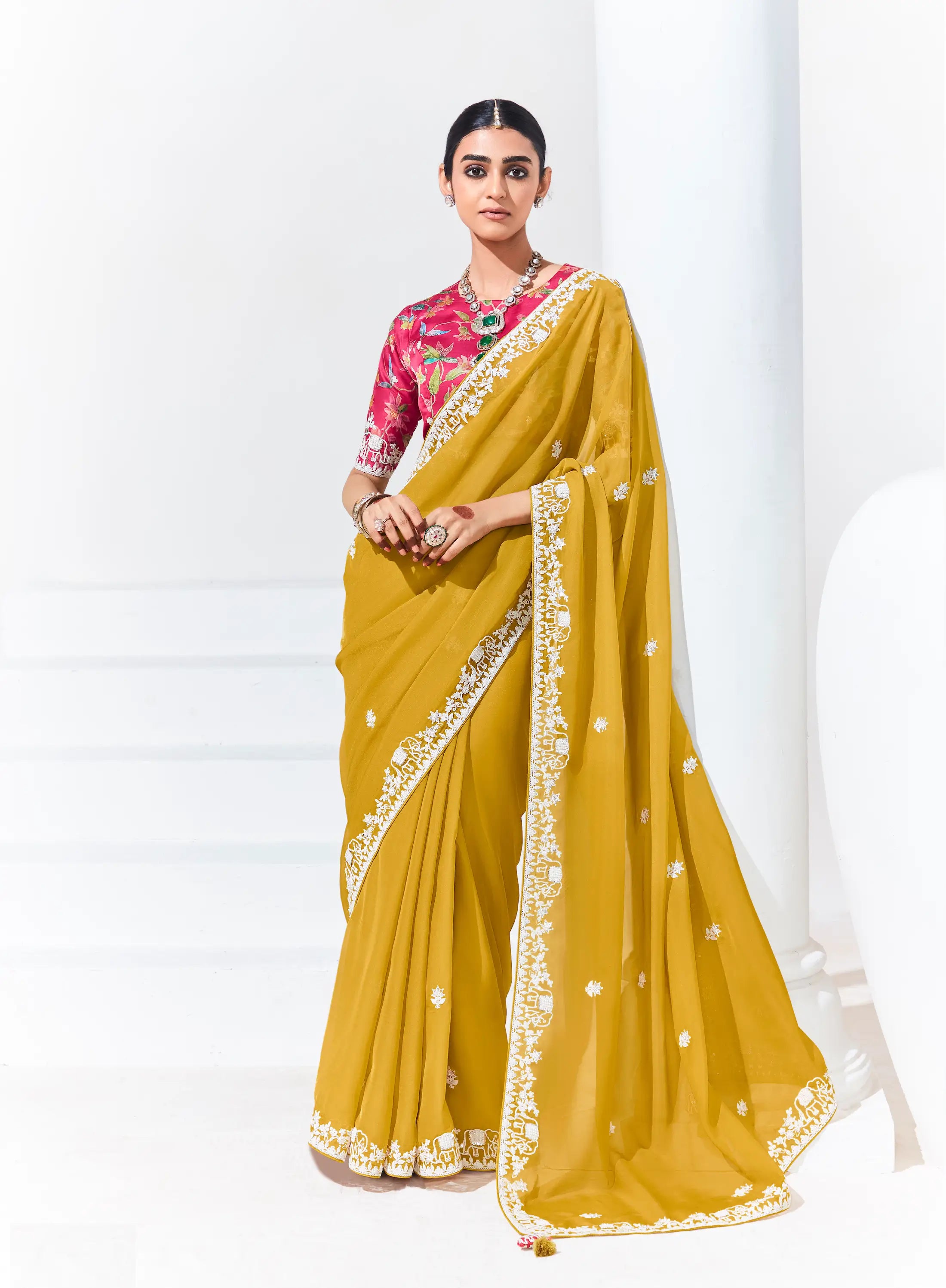 Yellow Glass Organza Saree With Digital Print, Sequence & Thread Embroidery Work - qivii