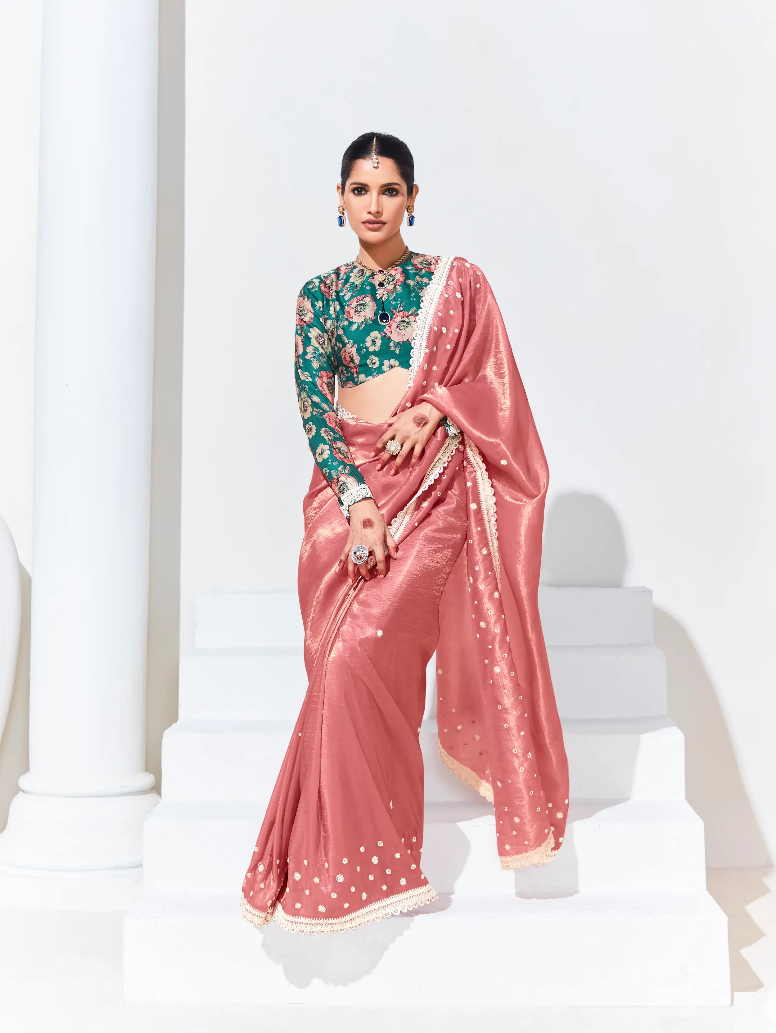 Peach Pink Glass Organza Saree With Digital Print, Sequence & Thread Embroidery Work - qivii