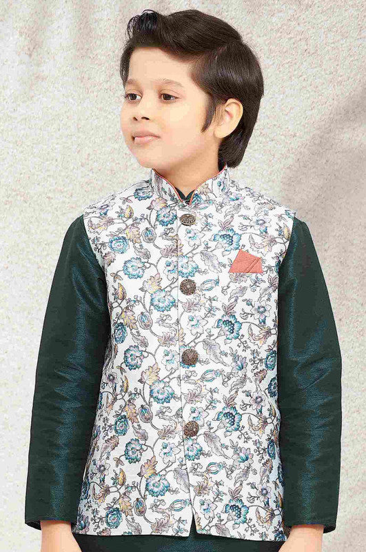 Boy's Pista Green Banarasi Silk Digital Printed Jacket Set