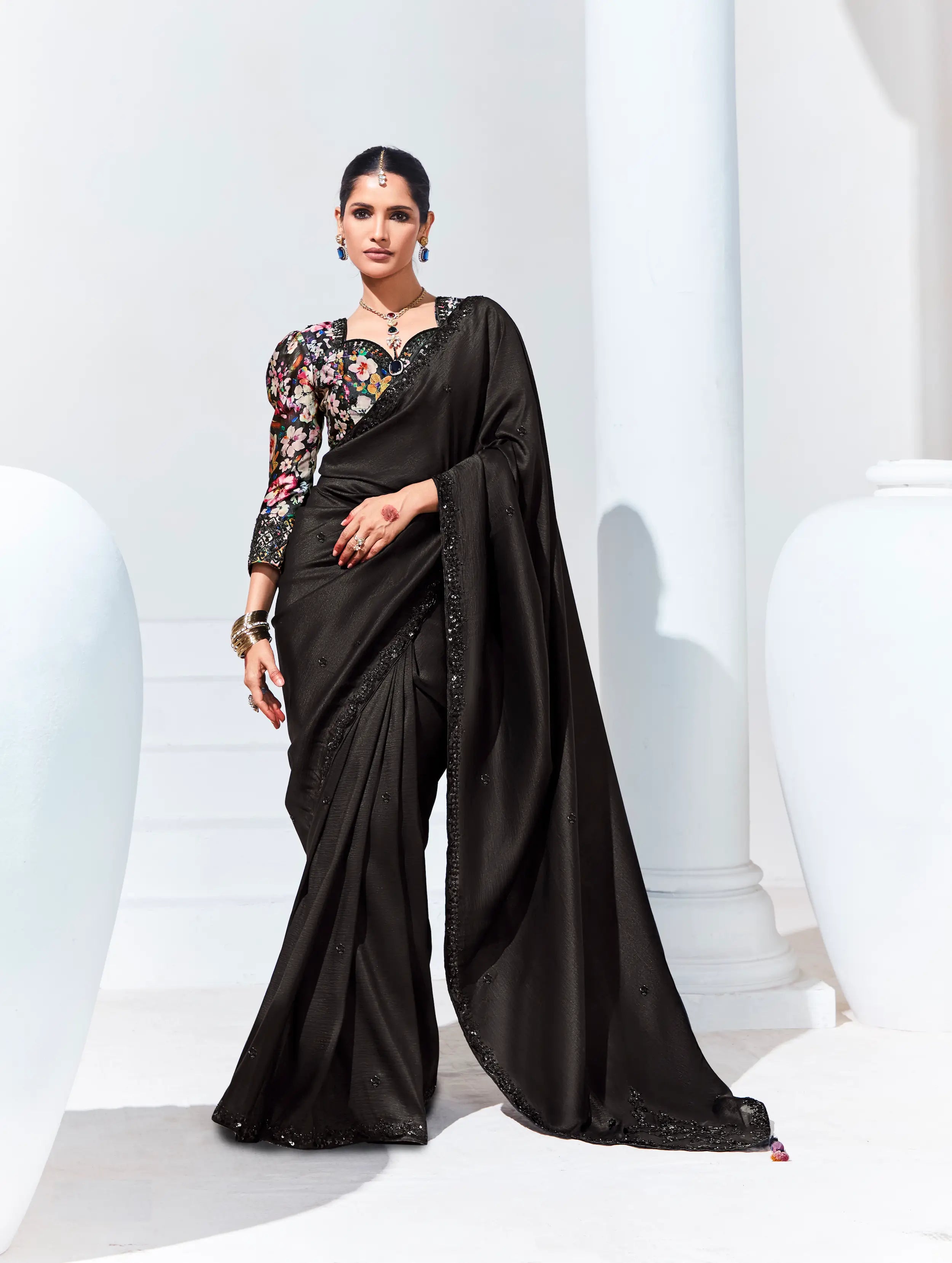 Black Glass Organza Saree With Digital Print, Sequence & Thread Embroidery Work - qivii