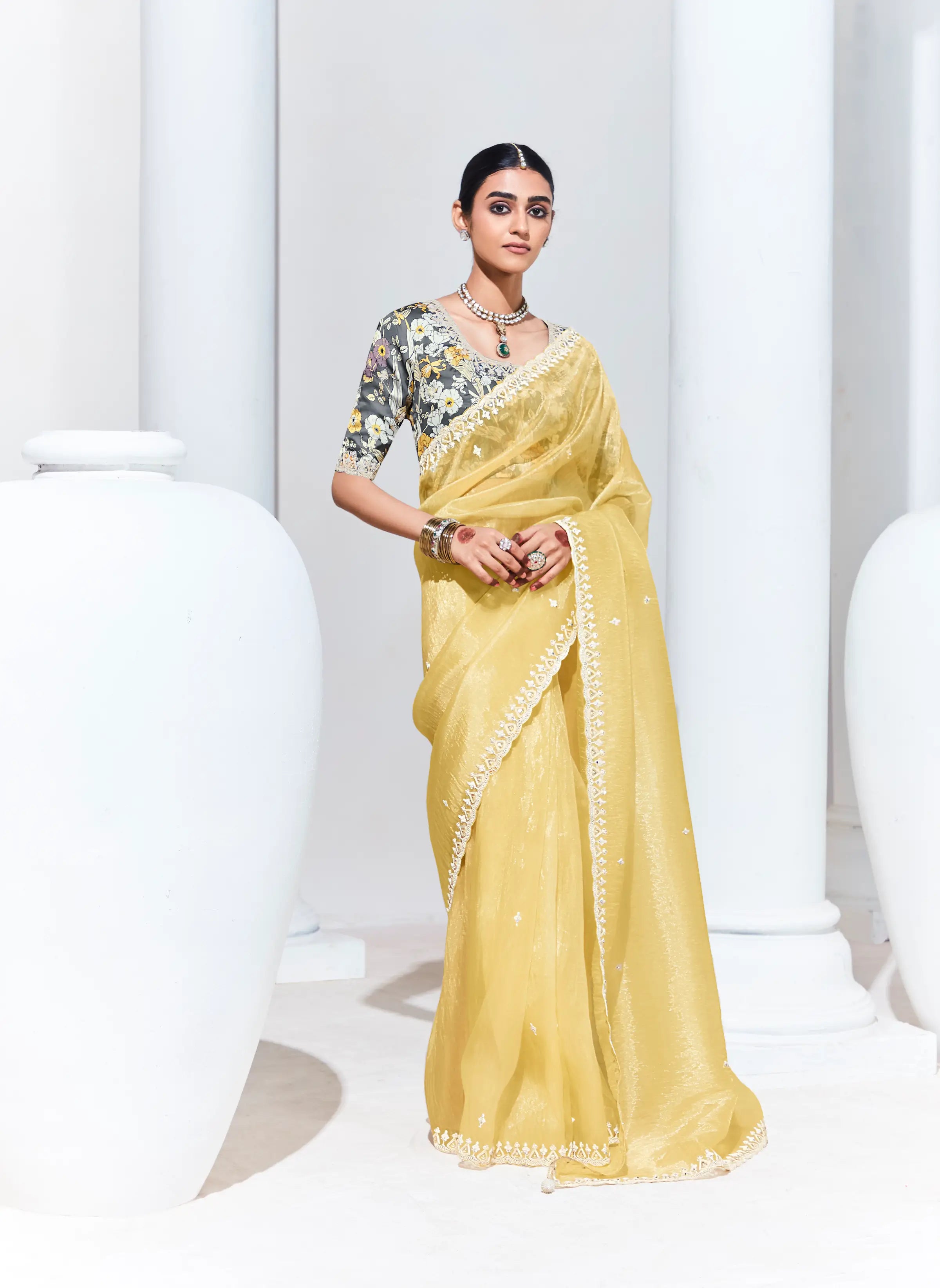 Lime Yellow Glass Organza Saree With Digital Print, Sequence & Thread Embroidery Work - qivii
