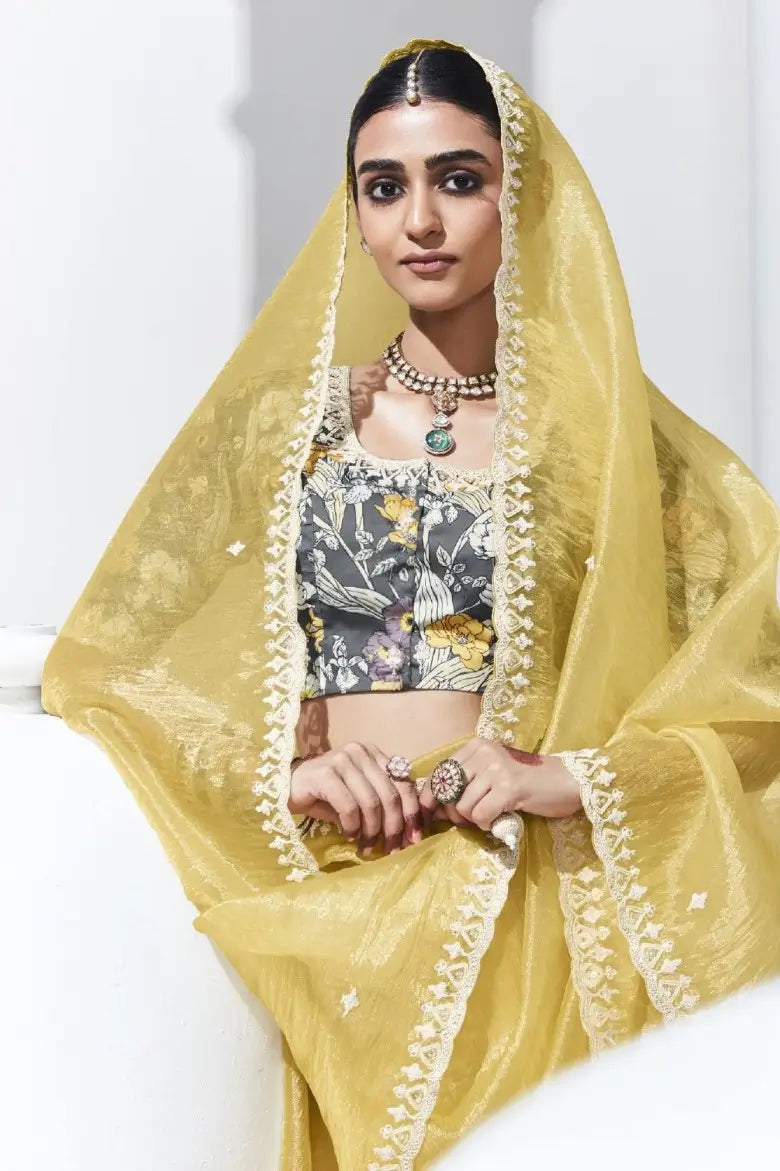 Lime Yellow Glass Organza Saree With Digital Print, Sequence & Thread Embroidery Work