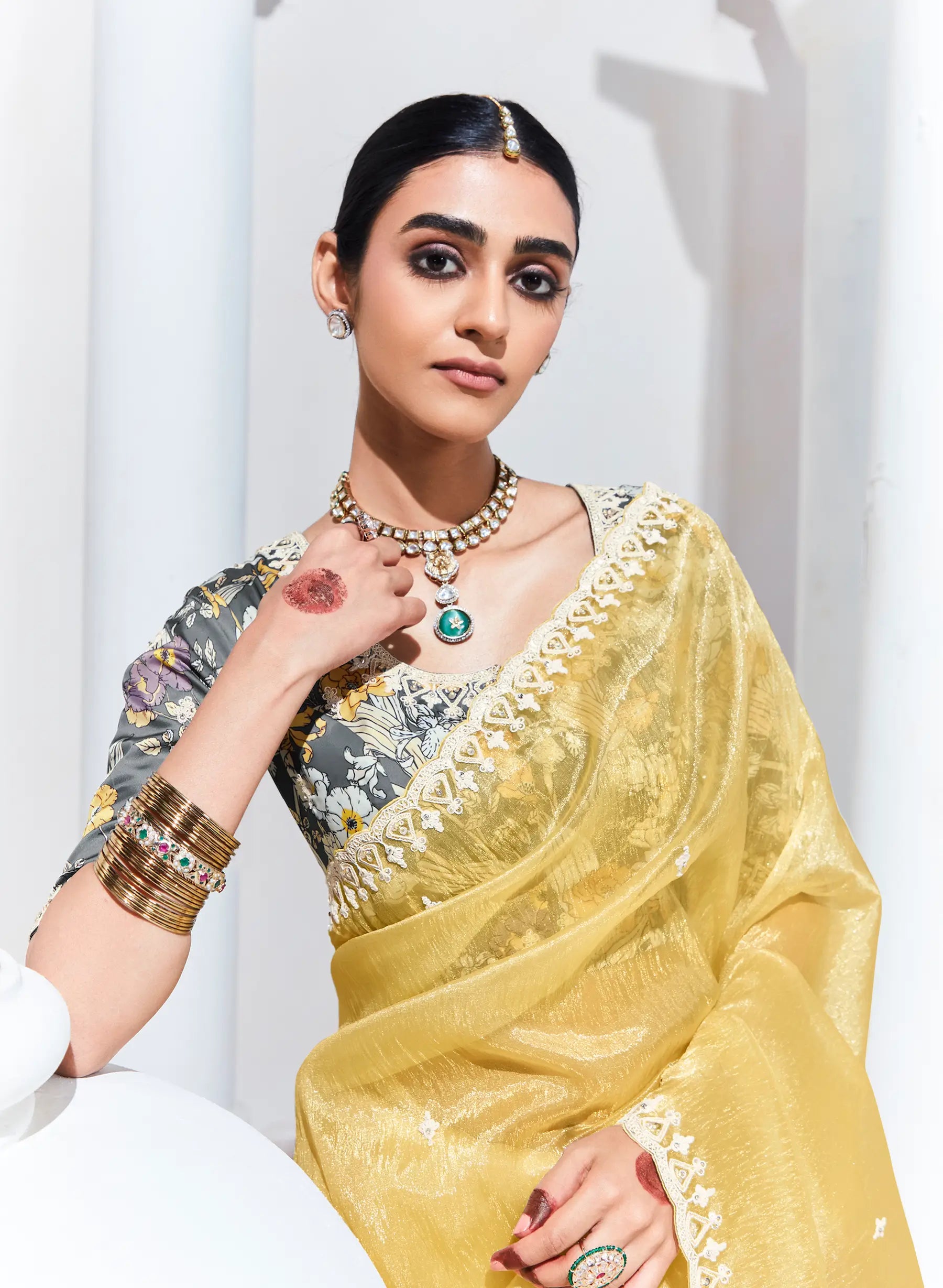 Lime Yellow Glass Organza Saree With Digital Print, Sequence & Thread Embroidery Work