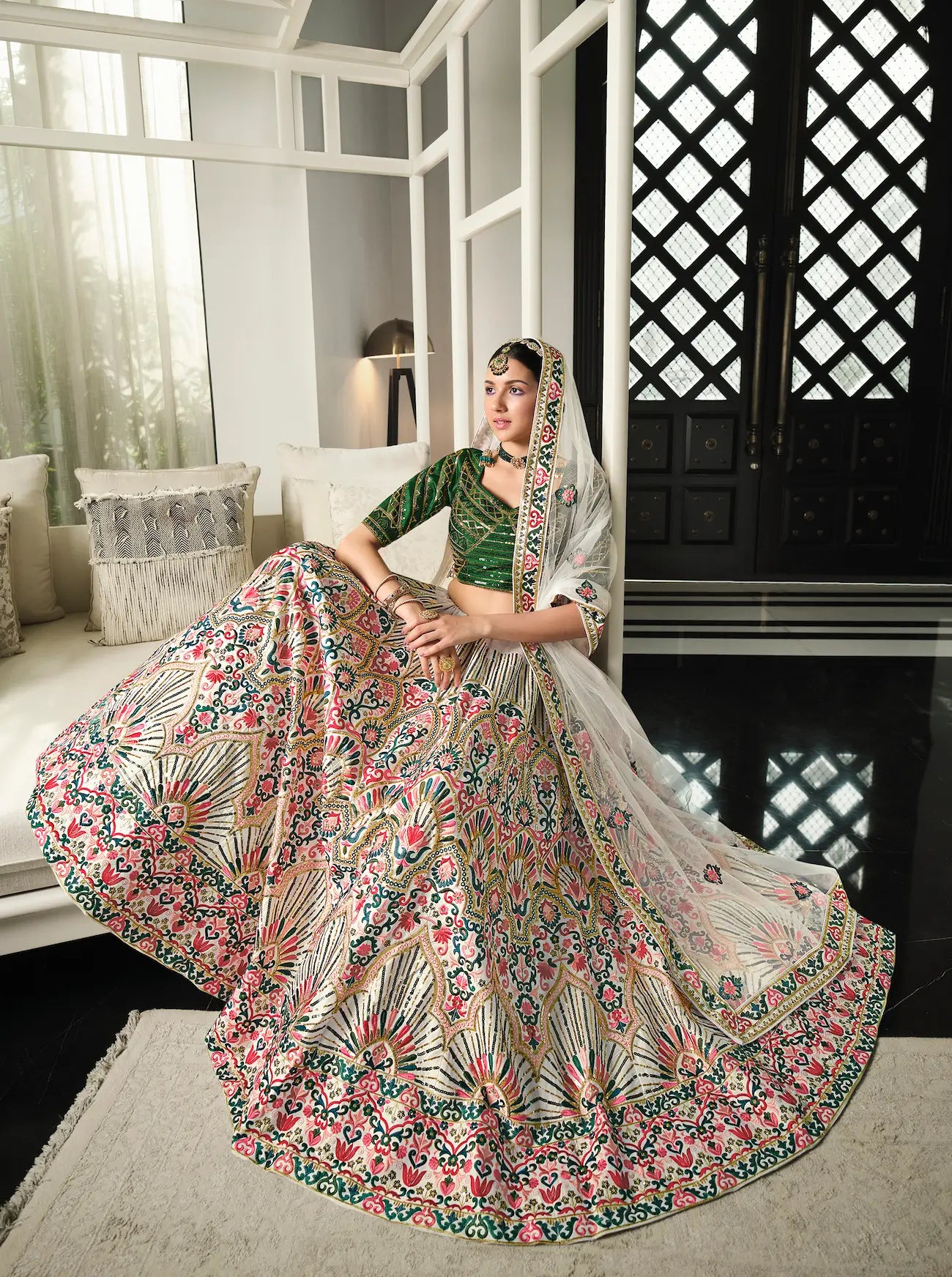 White-Green Silk Thread with Sequence Embroidery Work Lehenga Choli | Ready To Wear - qivii