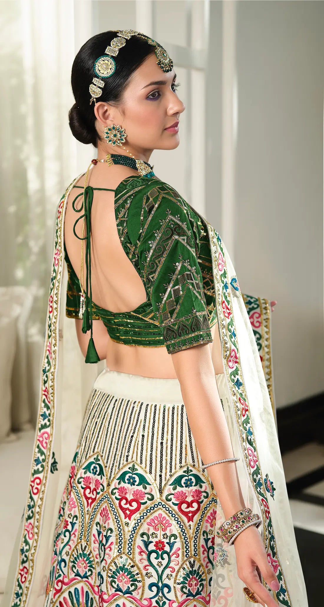 White-Green Silk Thread with Sequence Embroidery Work Lehenga Choli | Ready To Wear - qivii