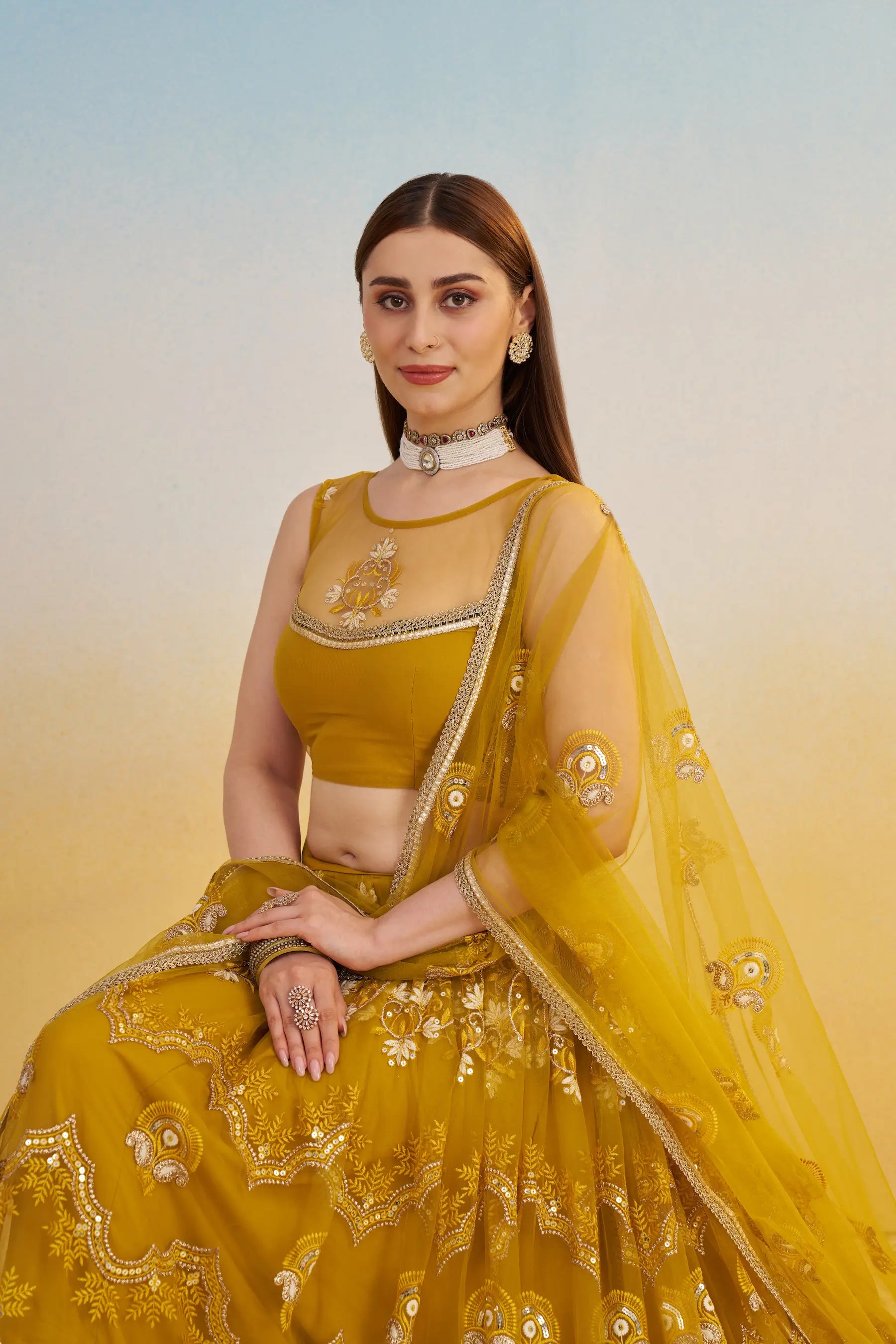 Yellow Net Lehenga Choli With Thread & Sequins Embroidery Work - qivii