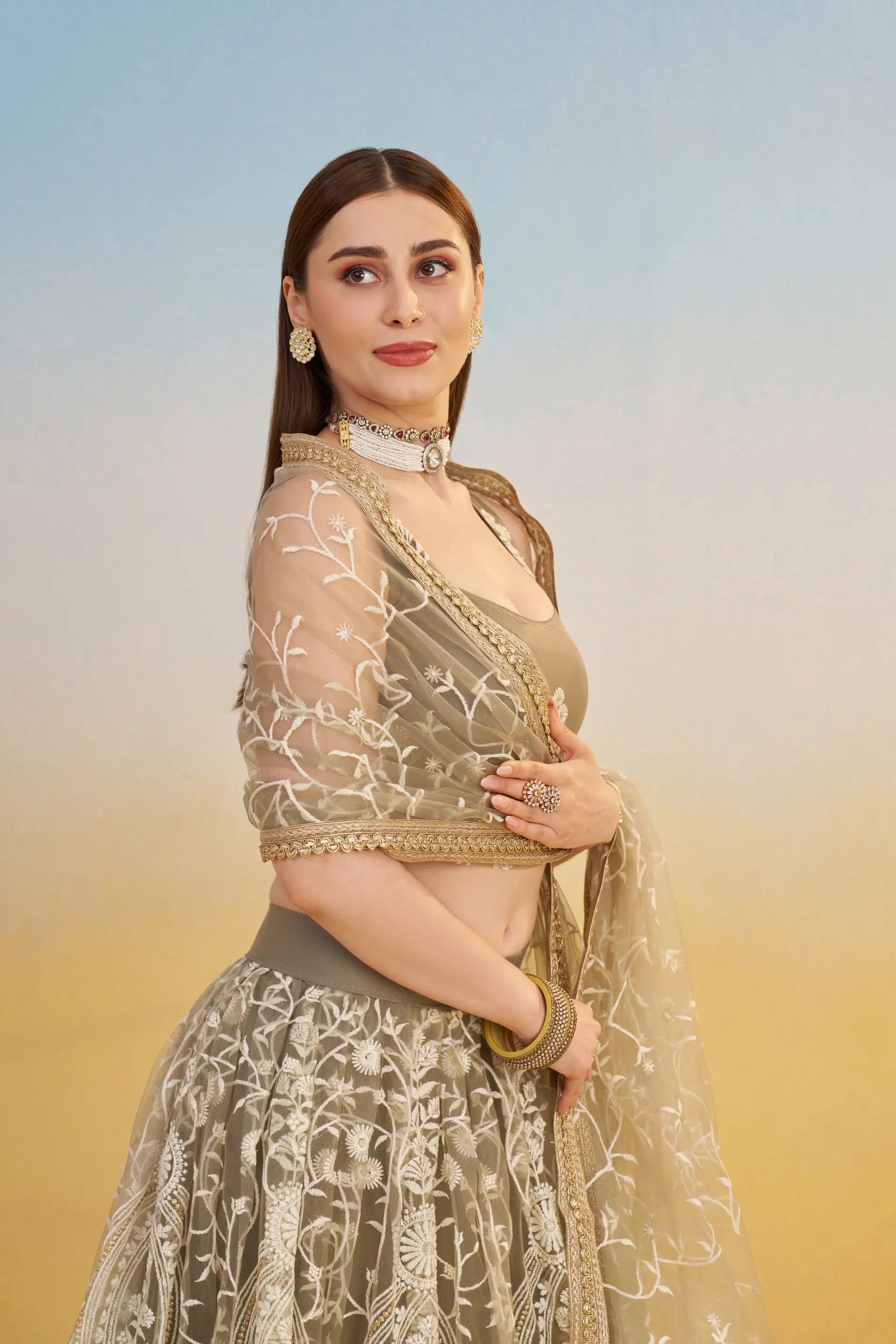 Dark Beige Net Lehenga Choli With Thread & Sequins Embroidery Work - qivii