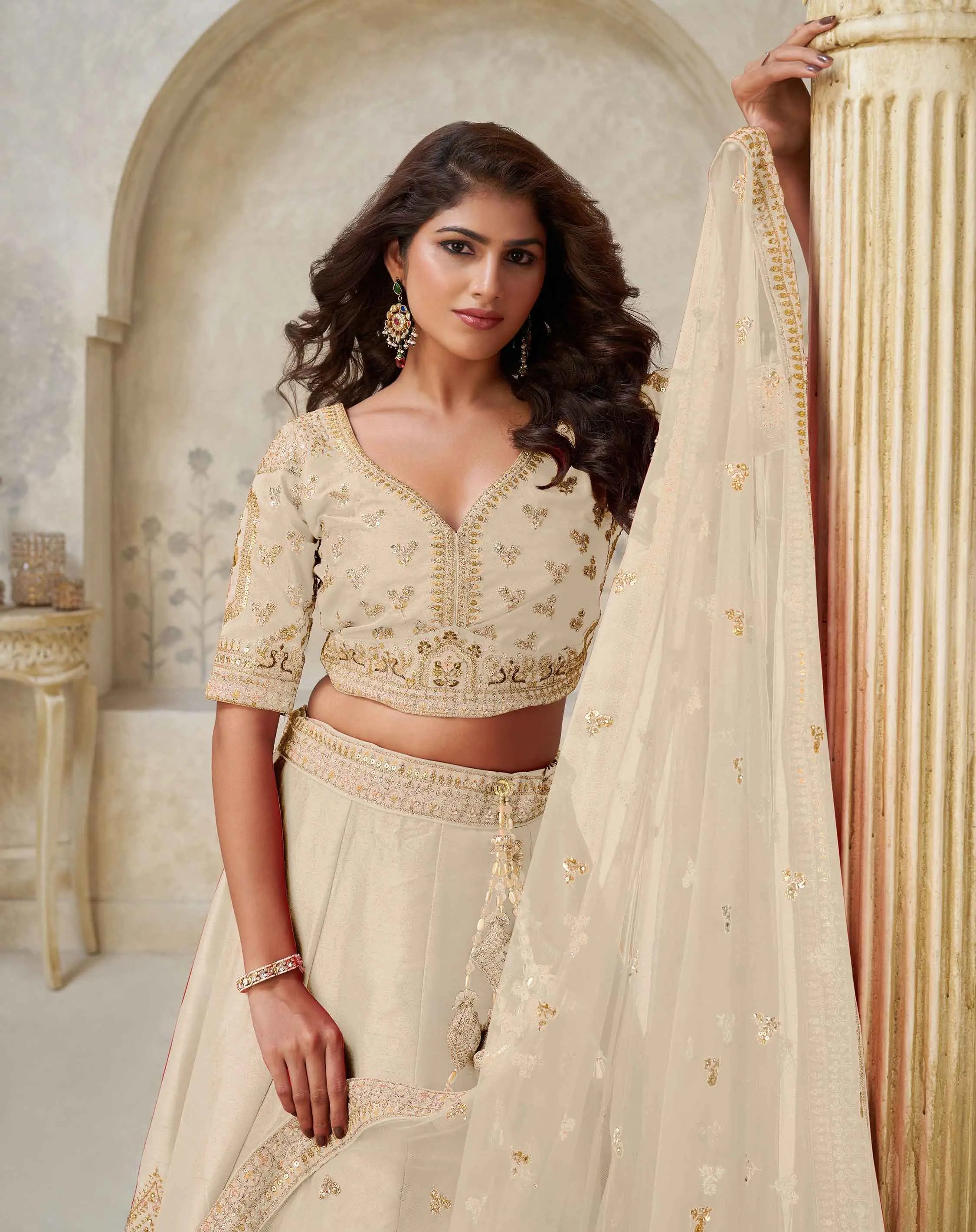 Elegant Beige Wedding Lehenga With Leaf Embroidery - qivii