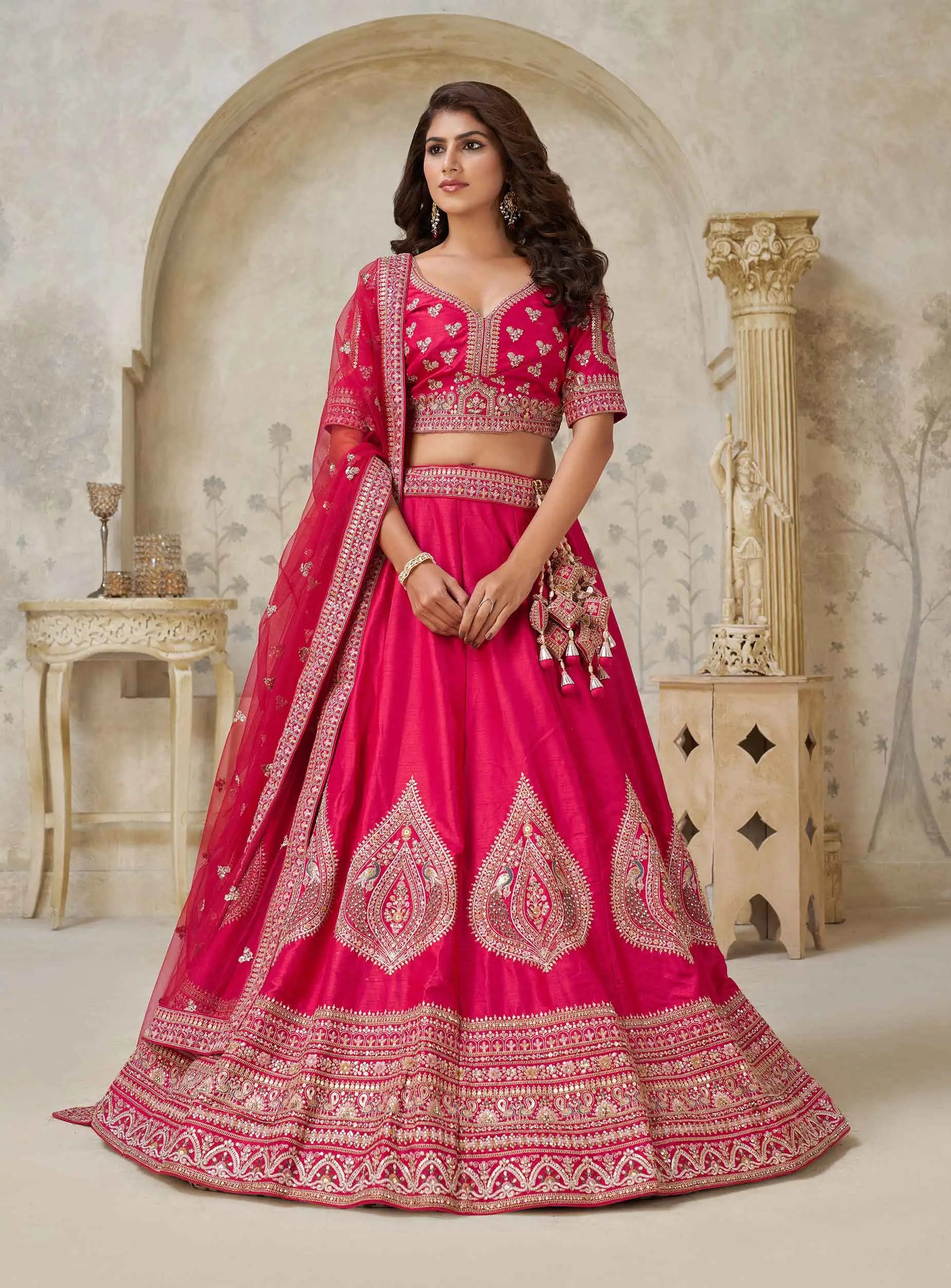 Pink Wedding Lehenga With Leaf Motifs - qivii
