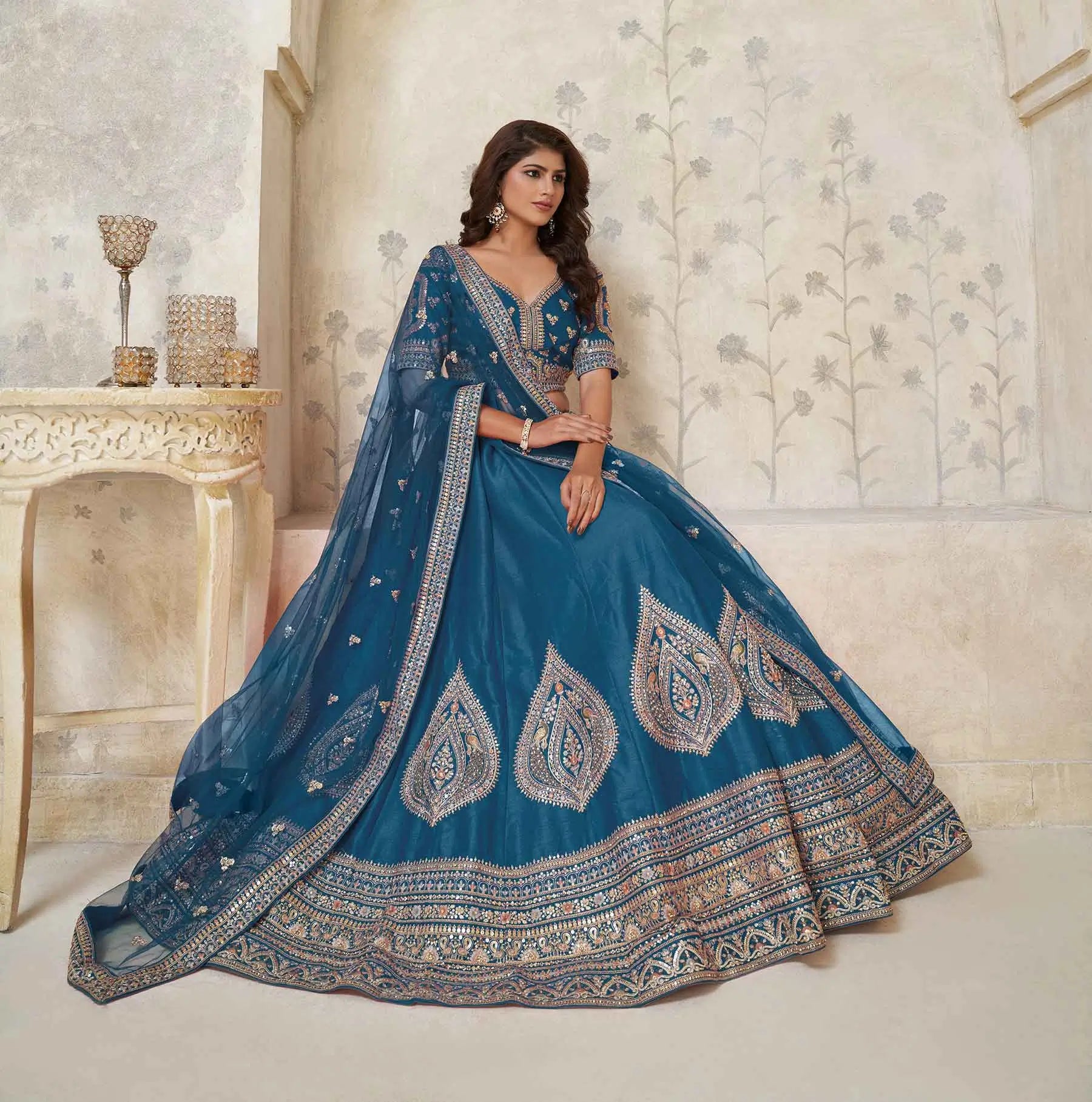 Teal Blue Elegant Wedding lehenga With Zari Work - qivii